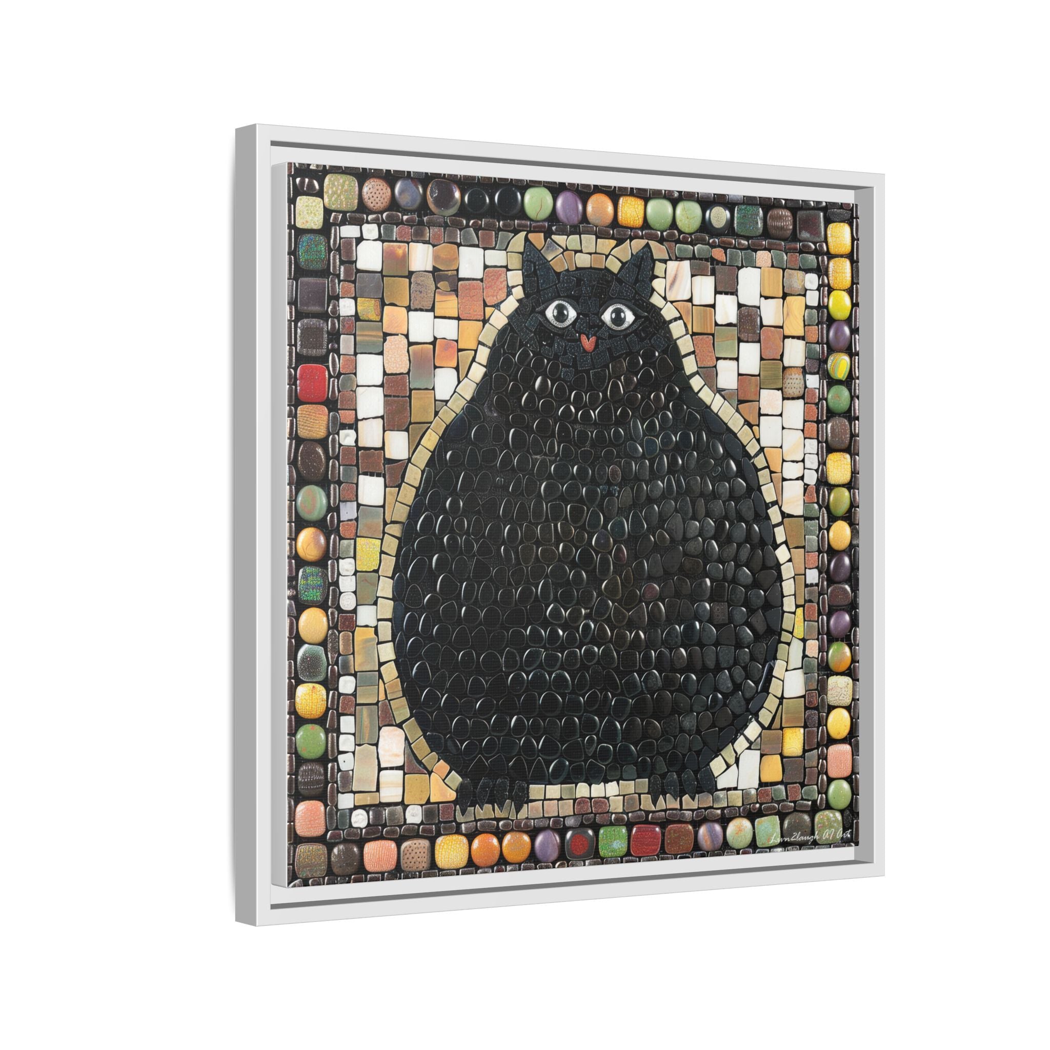 "Playful Black Cat Mosaic", Framed Mosaic Cat Art Print — Colorful Modern Wall Canvas