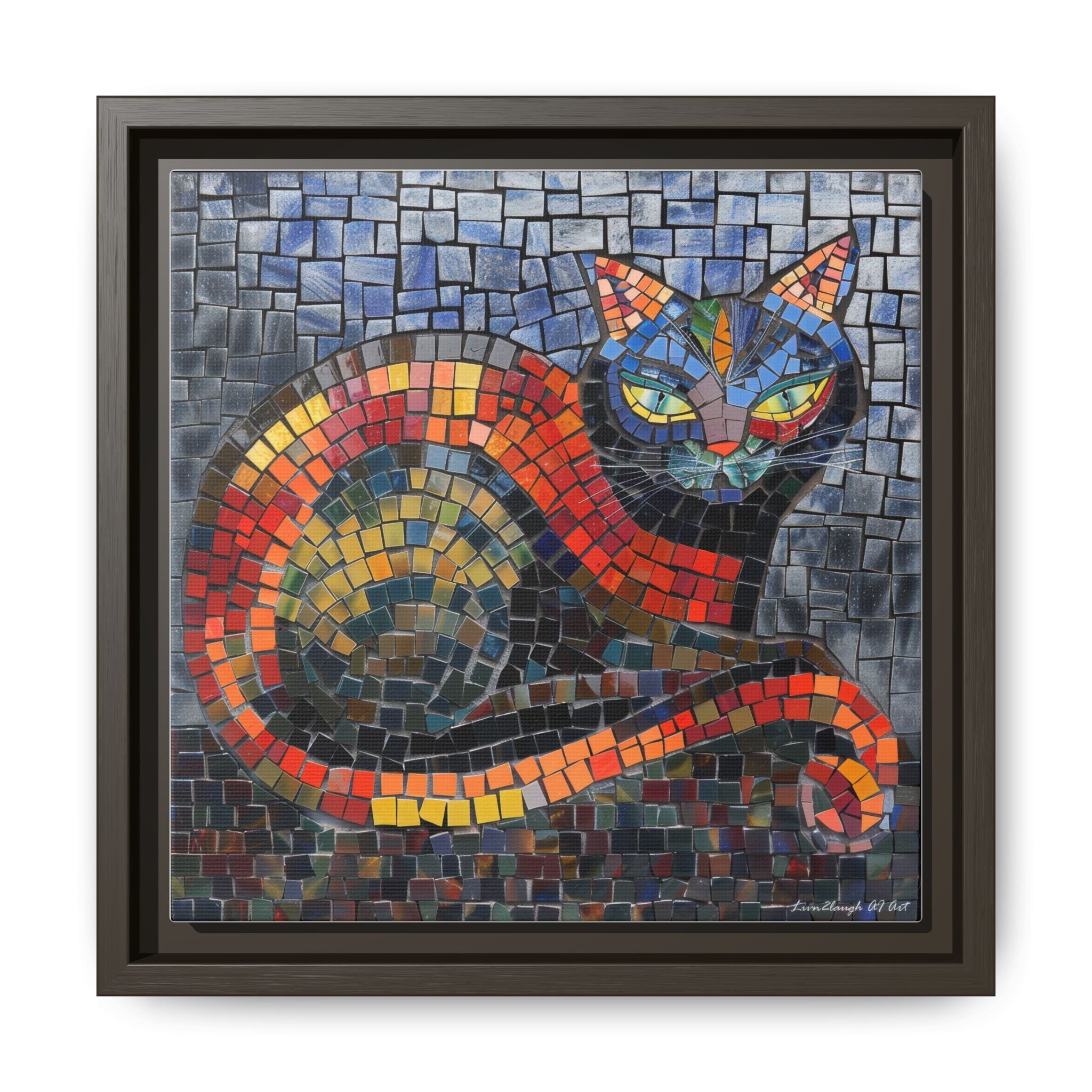 Mystic Shadows: The Enigmatic Cat, Framed Mosaic Cat Art Print — Colorful Modern Wall Canvas