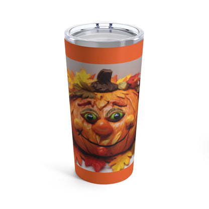 Fall-Halloween Cute Decorated Faced Pumpkin With Fall Color Leaves Tumbler 20oz