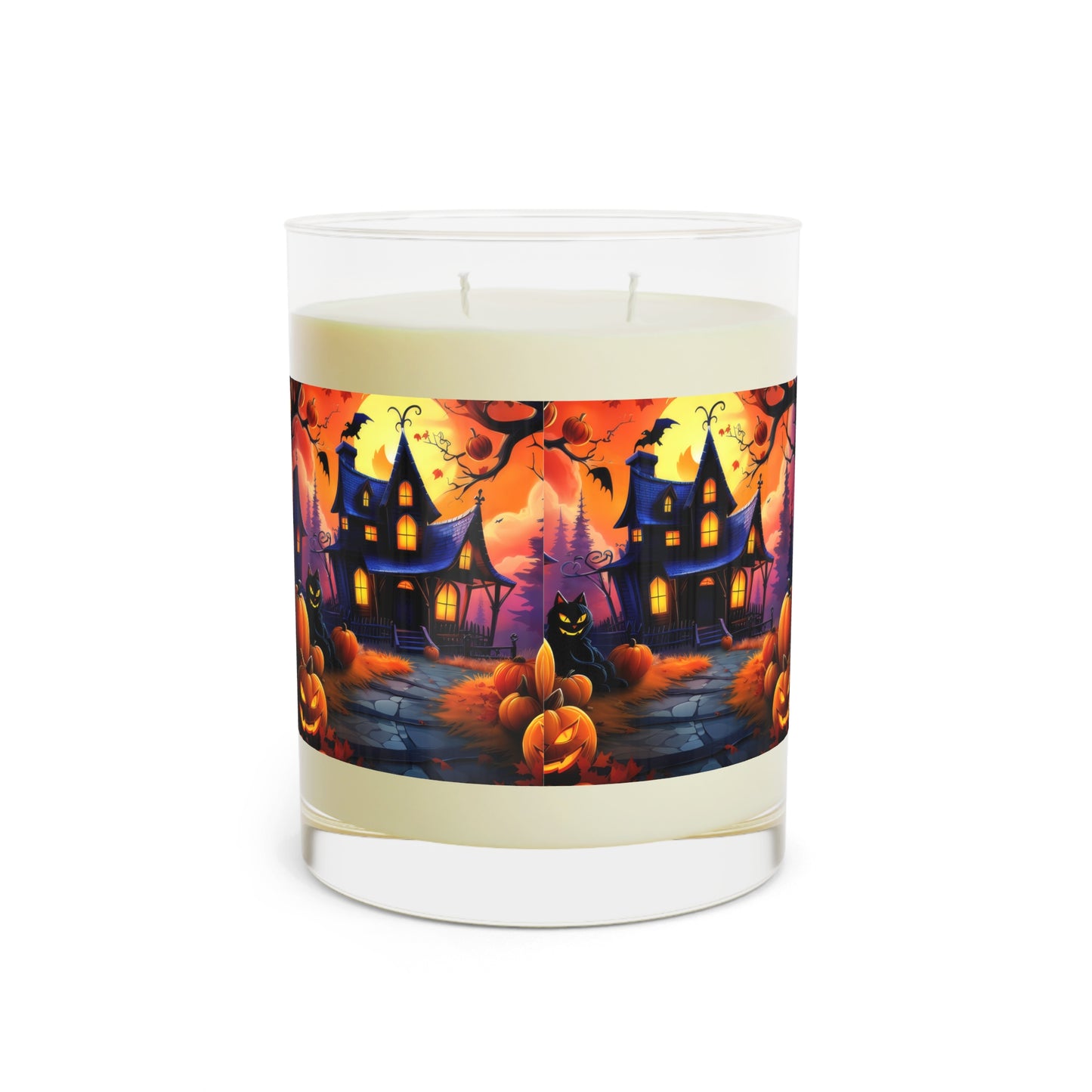 Spooky Halloween House With Pumpkin Line Path , Black Cat, Scented Candle - Full Glass, 11oz