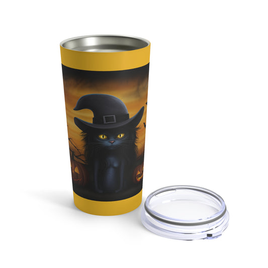Cat Ghoul Witch With Pumpkins Yellow Background Tumbler 20oz