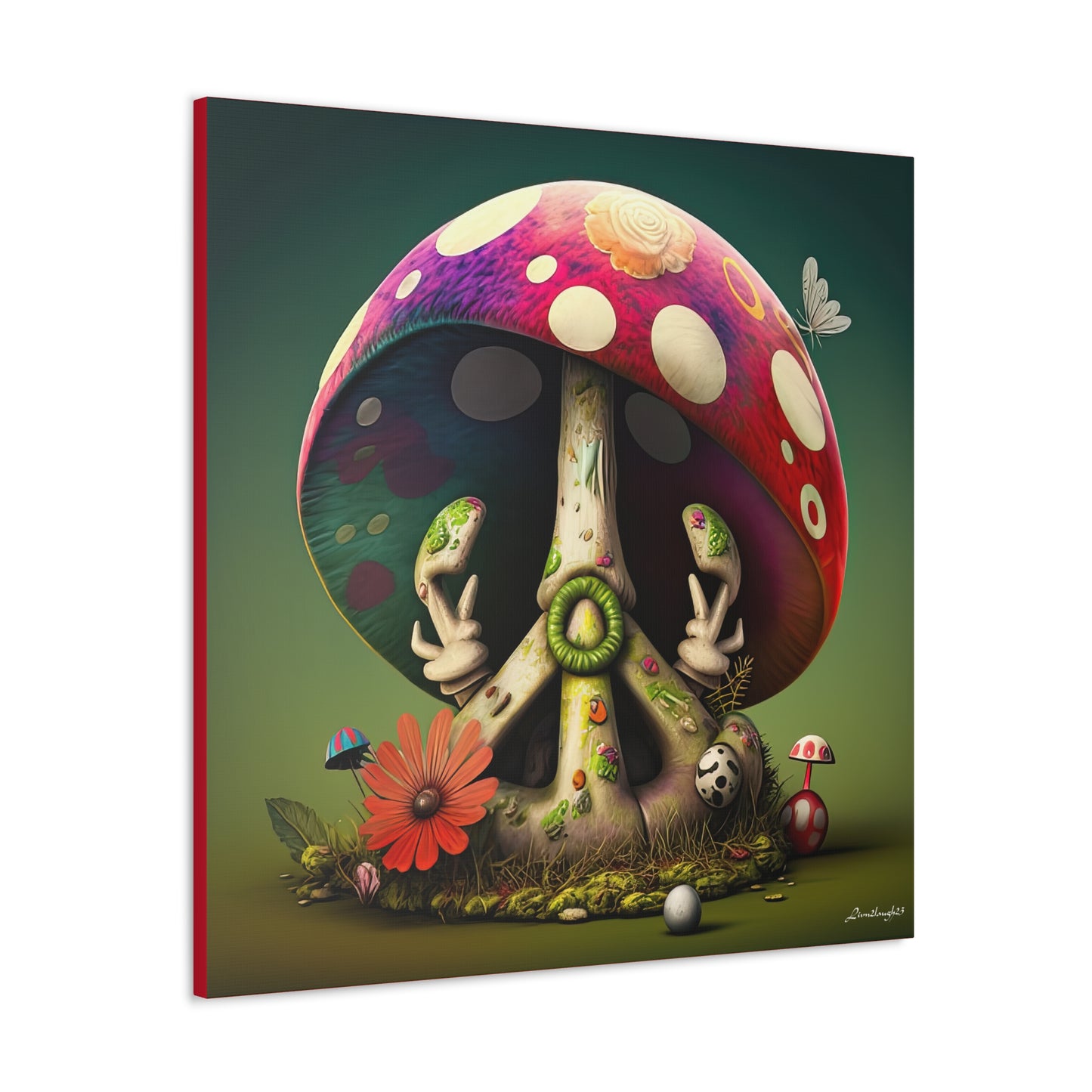 Beautiful Forest Half Peace Sign , Red And White Polka dot Mushrooms Red Flower Canvas Gallery Wraps