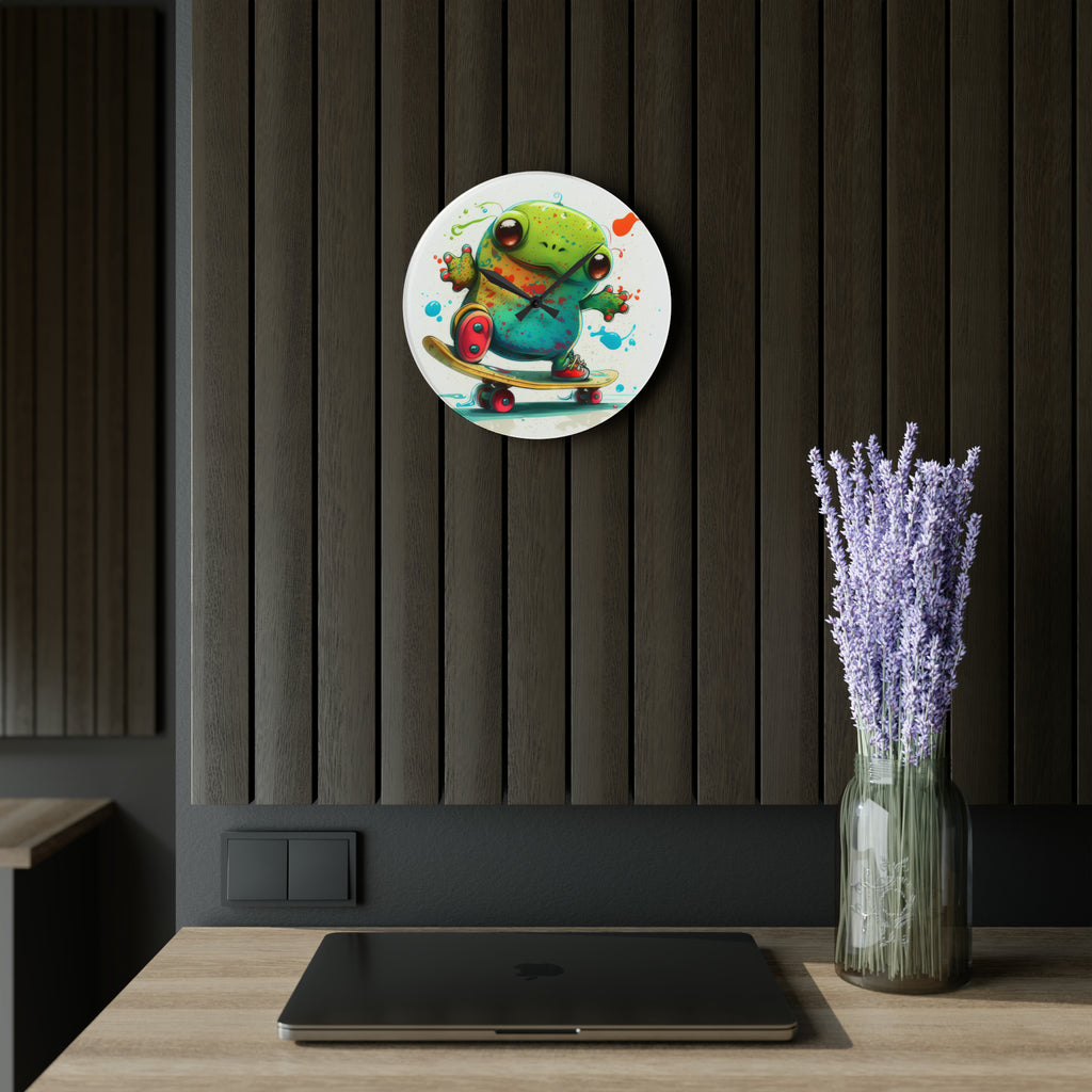 Tie Dye Cool Frog On Skate Board Wall Clock