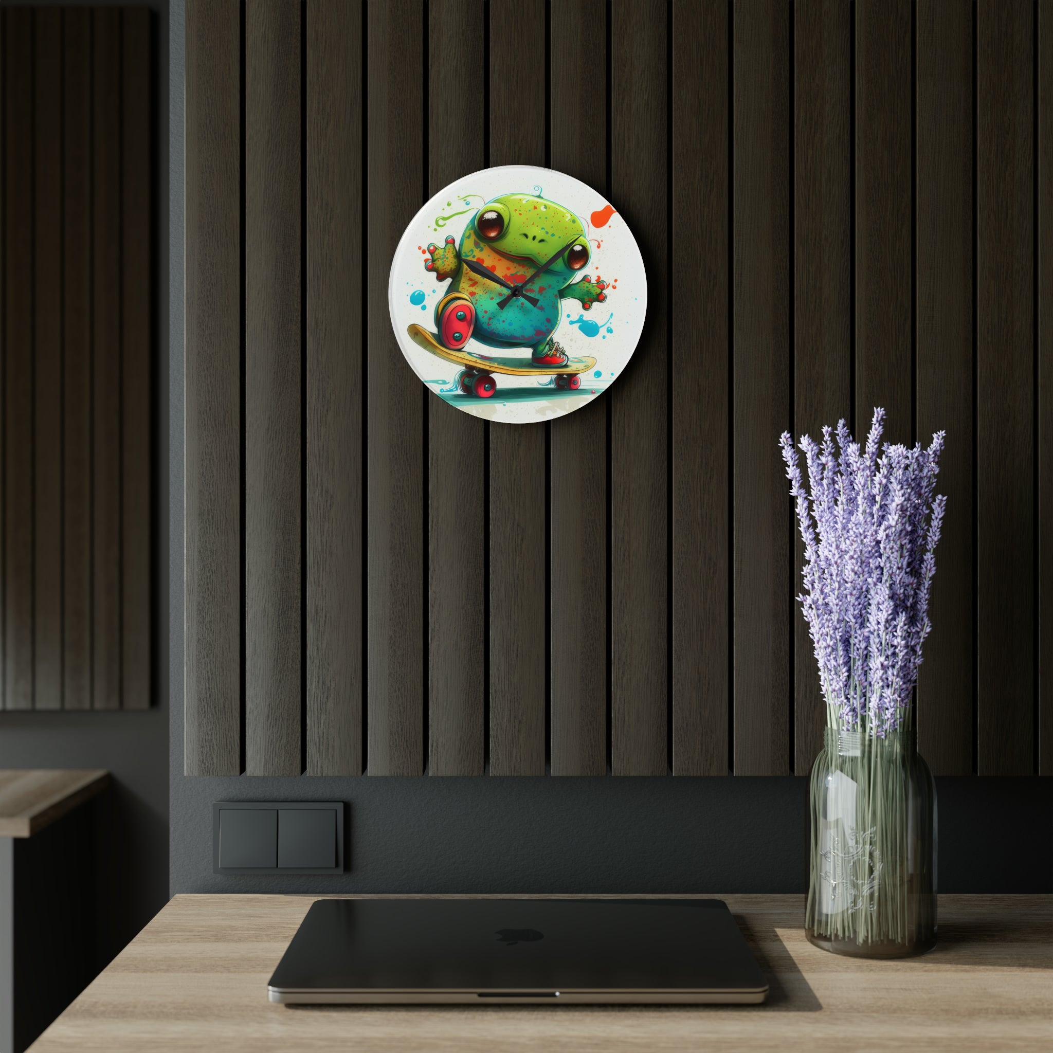Tie Dye Cool Frog On Skate Board Wall Clock