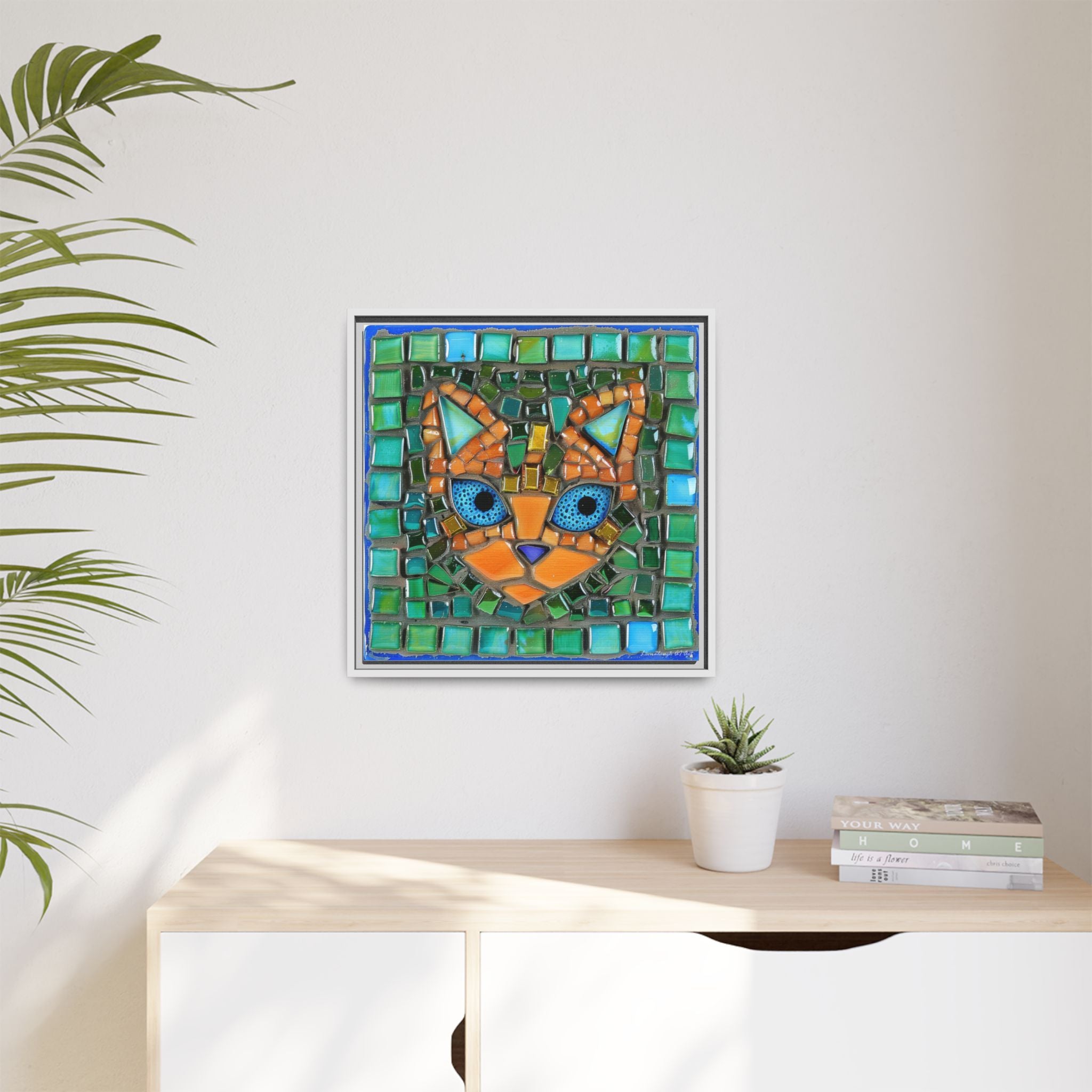 "Emerald Eyes Mosaic Cat", Framed Mosaic Cat Art Print — Colorful Modern Wall Canvas