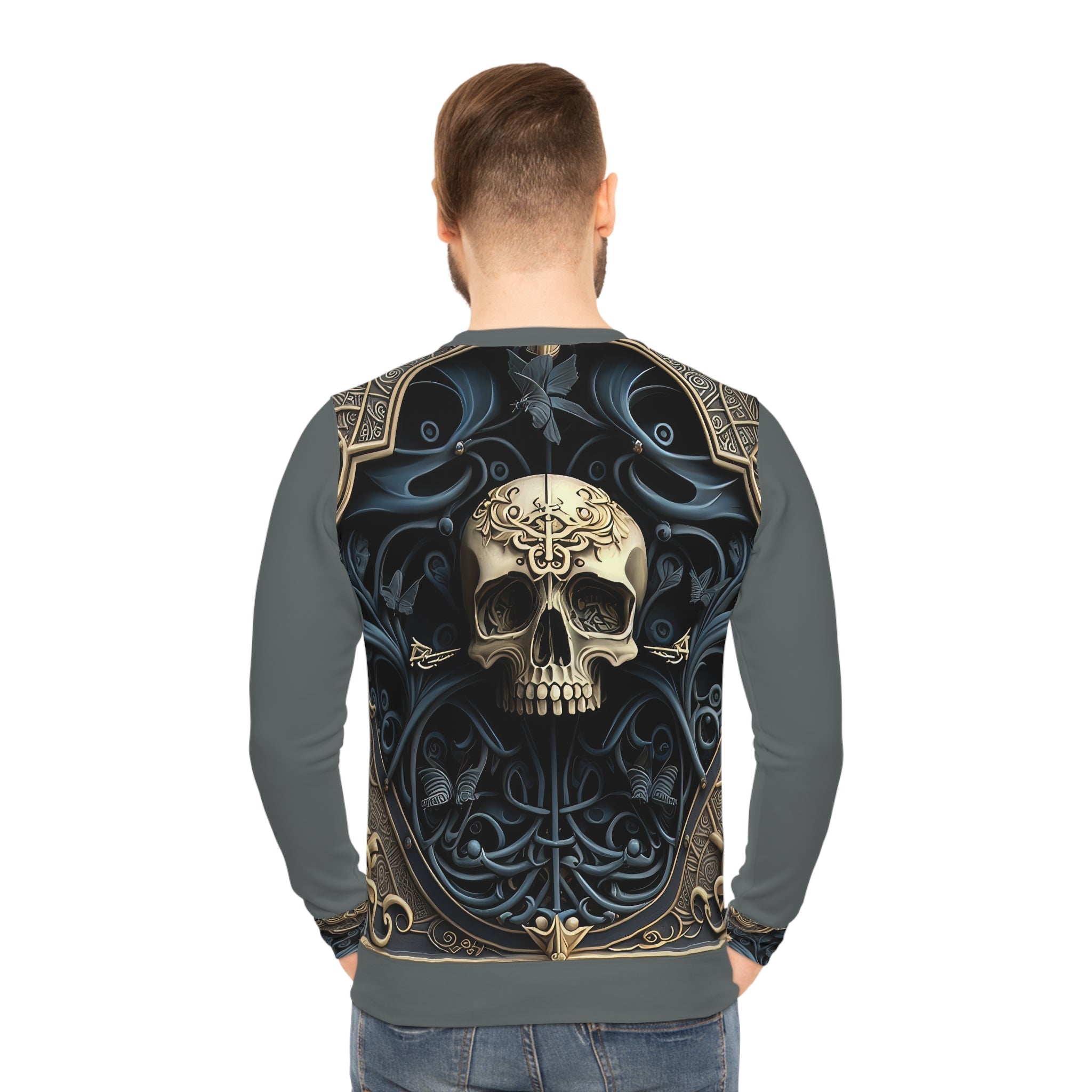Metallic Chrome Skull and classic Designed Background Style 5, Blue Lightweight Sweatshirt (AOP)