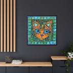 "Emerald Eyes Mosaic Cat", Framed Mosaic Cat Art Print — Colorful Modern Wall Canvas
