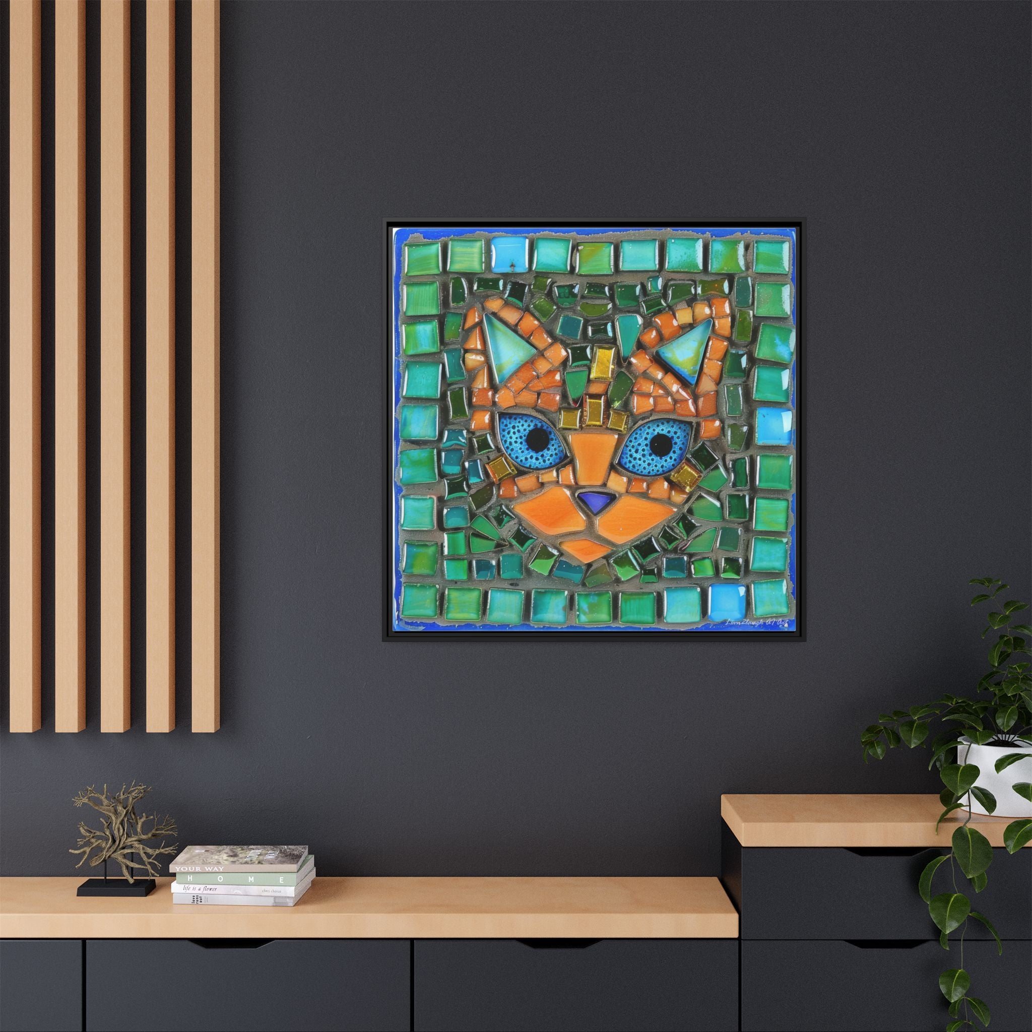 "Emerald Eyes Mosaic Cat", Framed Mosaic Cat Art Print — Colorful Modern Wall Canvas