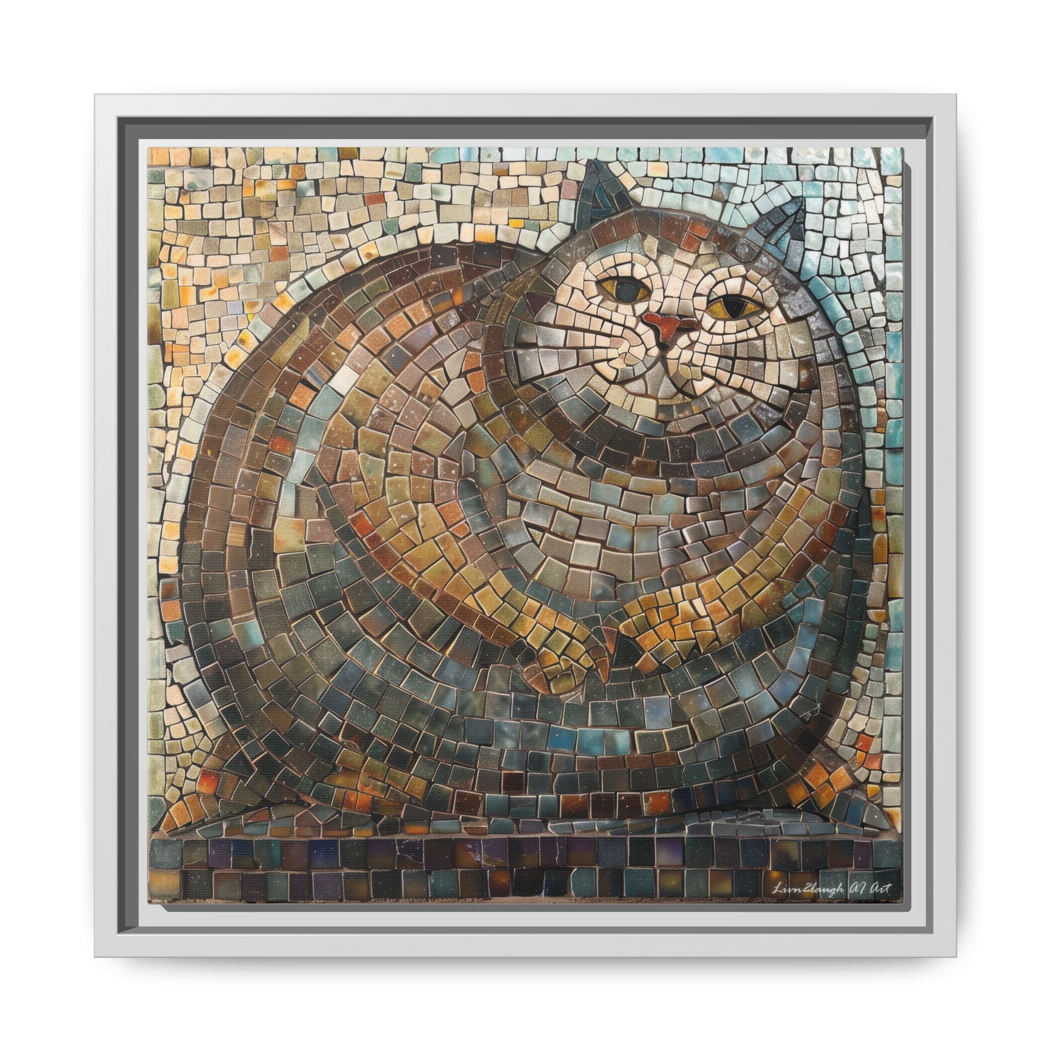 "Serene Mosaic Cat", Framed Mosaic Cat Art Print — Colorful Modern Wall Canvas