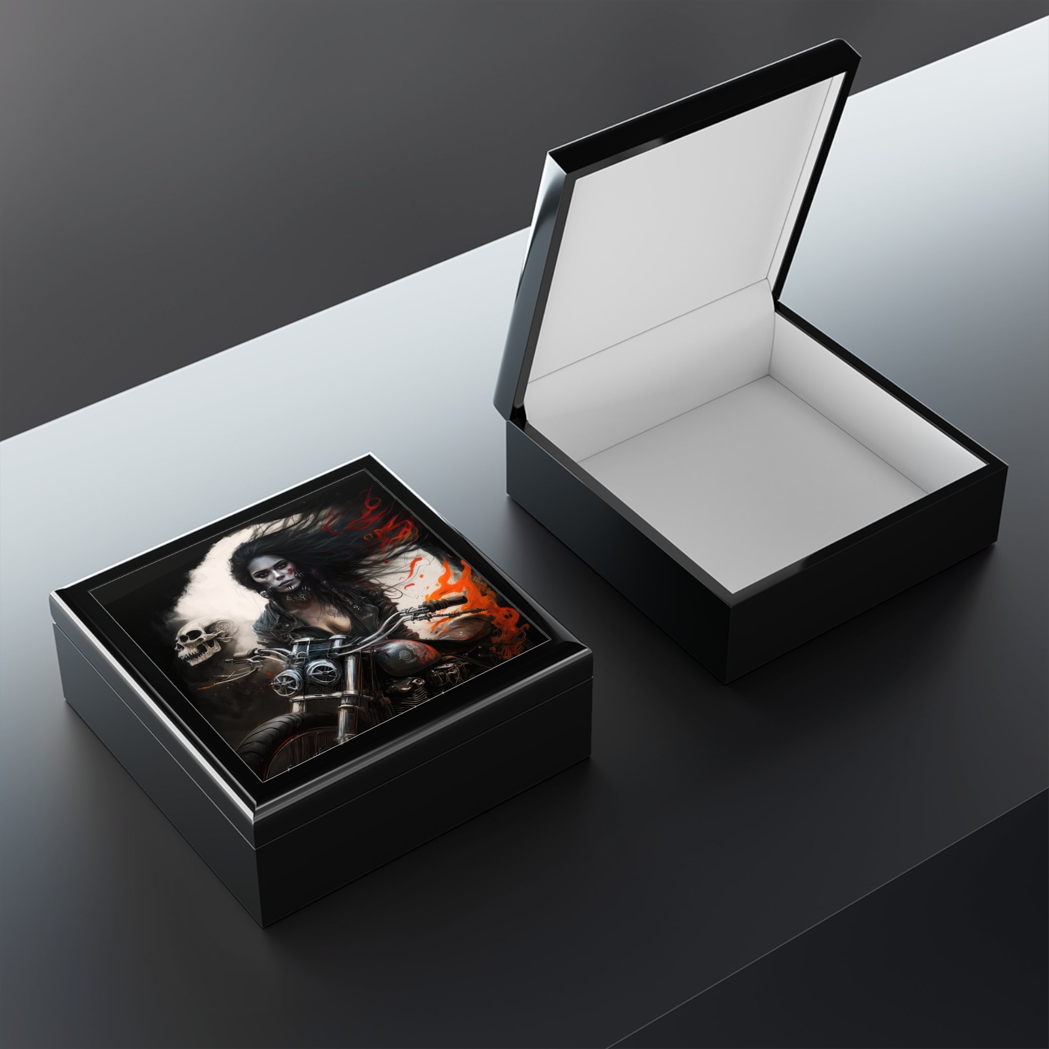 Biker Chic On Motorcycle With Skull Orange Flaming Background Jewelry Box Jewelry Box