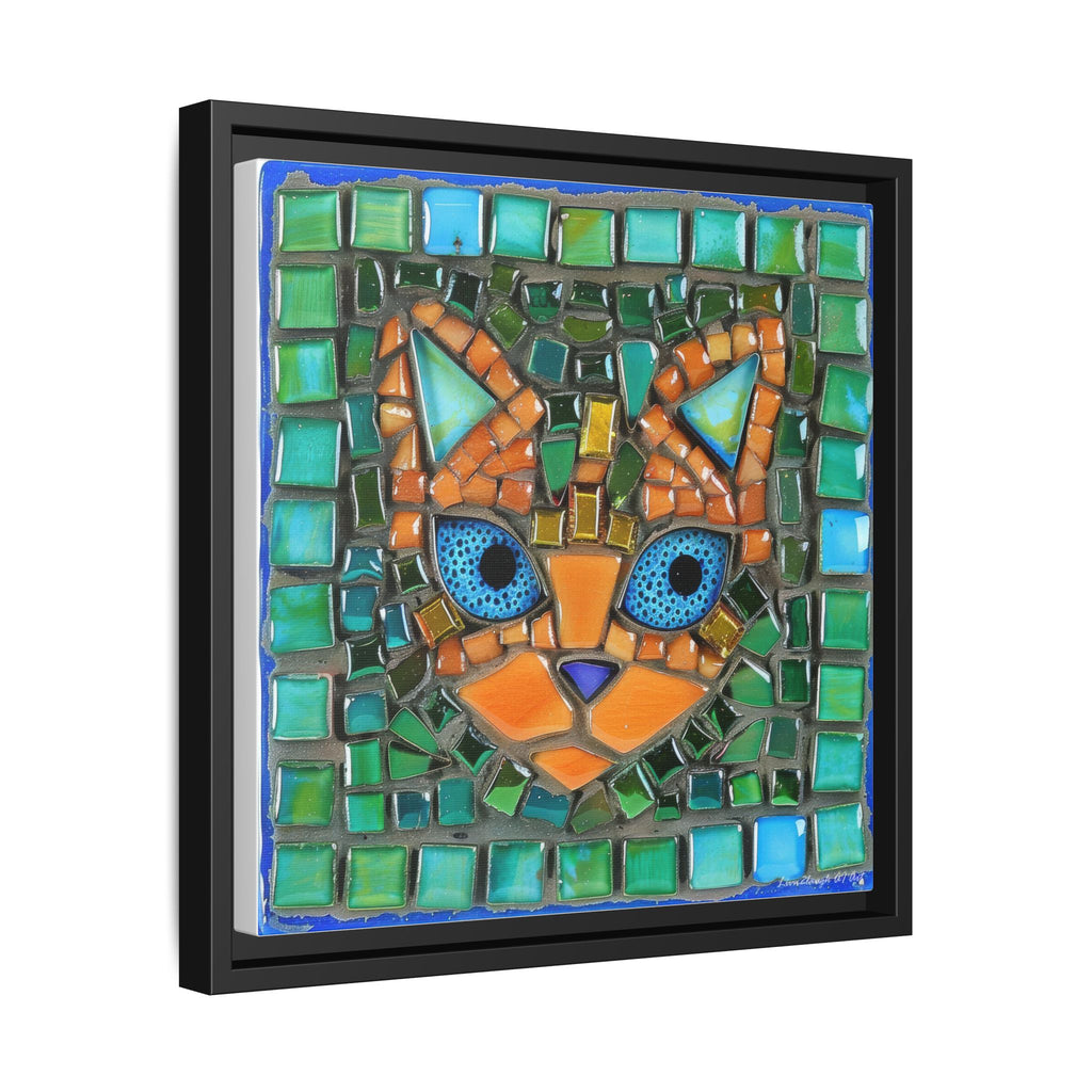 "Emerald Eyes Mosaic Cat", Framed Mosaic Cat Art Print — Colorful Modern Wall Canvas