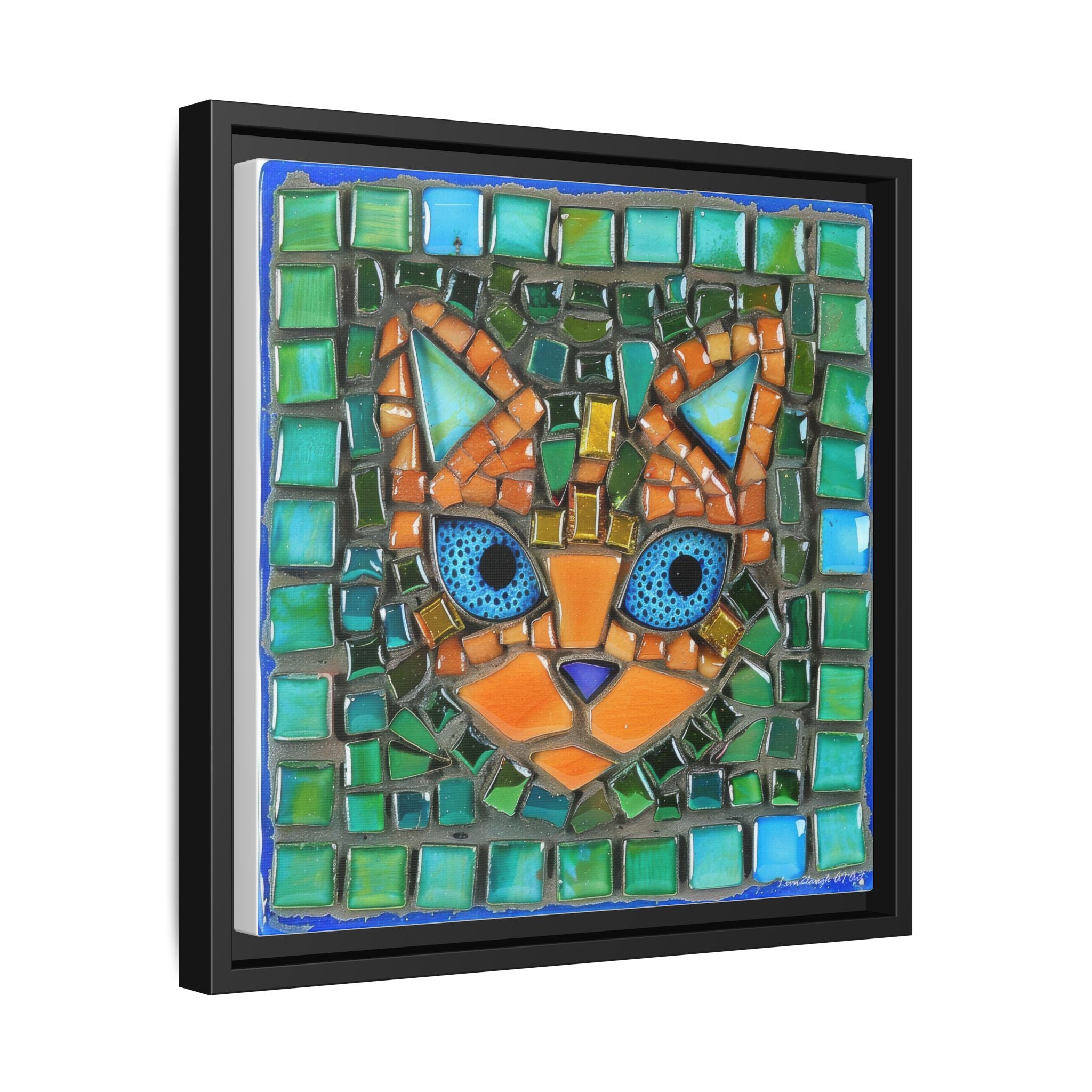 "Emerald Eyes Mosaic Cat", Framed Mosaic Cat Art Print — Colorful Modern Wall Canvas