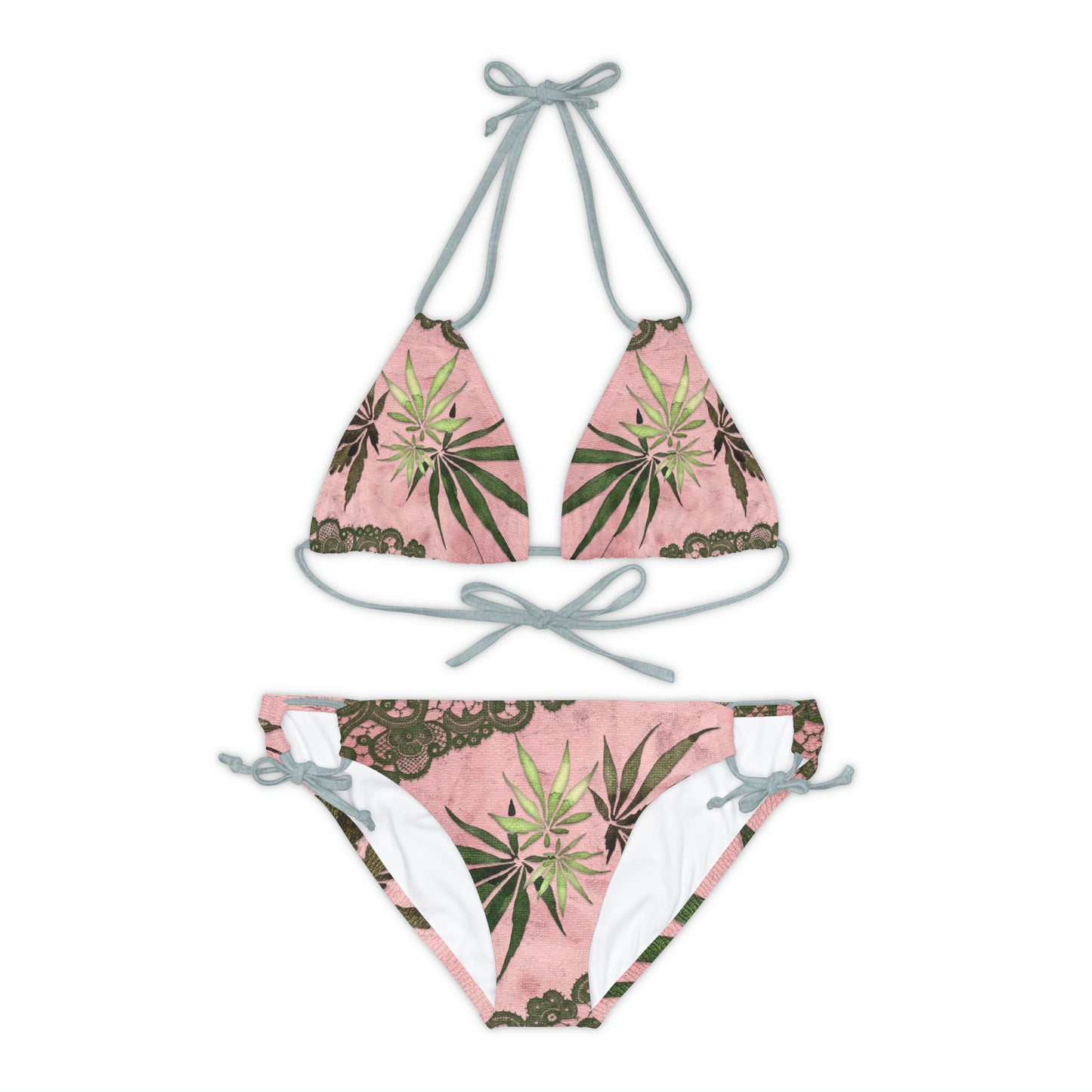 Grey Lace Gorgeous Pink Designed Marijuana 420 Weed Strappy Bikini Set (AOP)