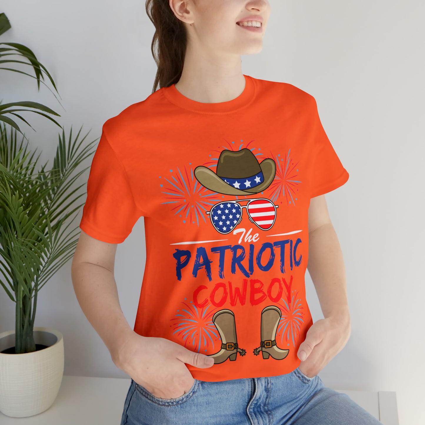 Patriotic Cowboy, American Flag 'Glasses, Cowboy Hat and Boots, Fourth of July 4th Unisex Jersey Short Sleeve Tee