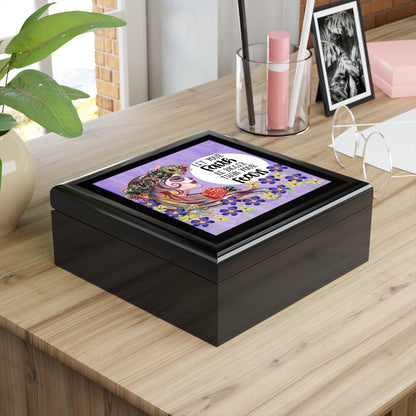 Let faith be Bigger Then Your fears, Beautiful Skull With collage of Flowers Purple Background Jewelry Box