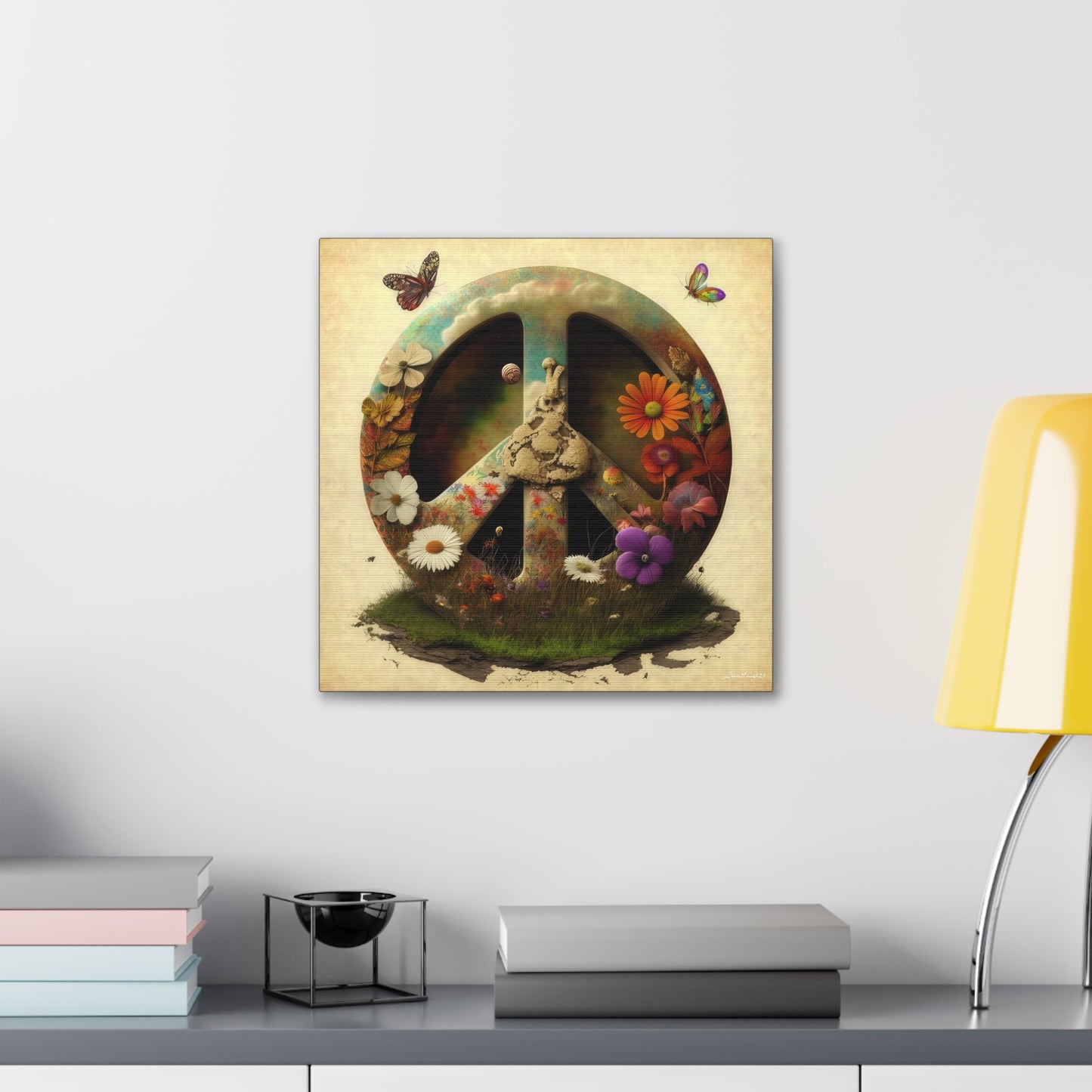 Elegant Peace Sign With Beautiful Flowers And Butterflies , Beige Background Canvas Gallery Wraps