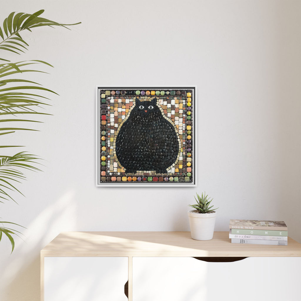 "Playful Black Cat Mosaic", Framed Mosaic Cat Art Print — Colorful Modern Wall Canvas