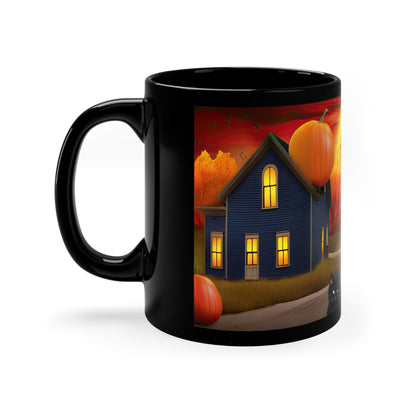 Fall Season Leads to Beautiful Colors Of the Sky, Trees Leaves, Moon And Pumpkins, Black Cat 11oz Black Mug