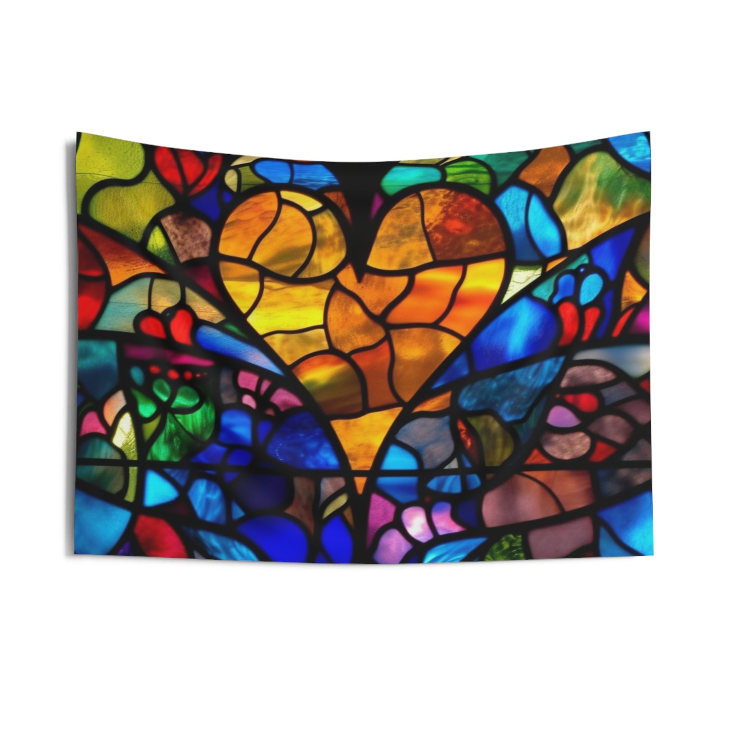 Stained Glass Blue Background Amazing Yellow Heart Indoor Wall Tapestries
