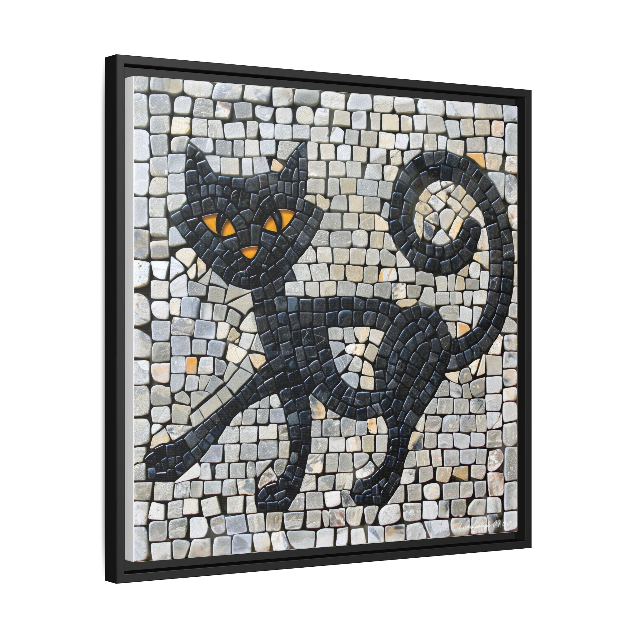 "Curious Black Cat Mosaic", Framed Mosaic Cat Art Print — Colorful Modern Wall Canvas