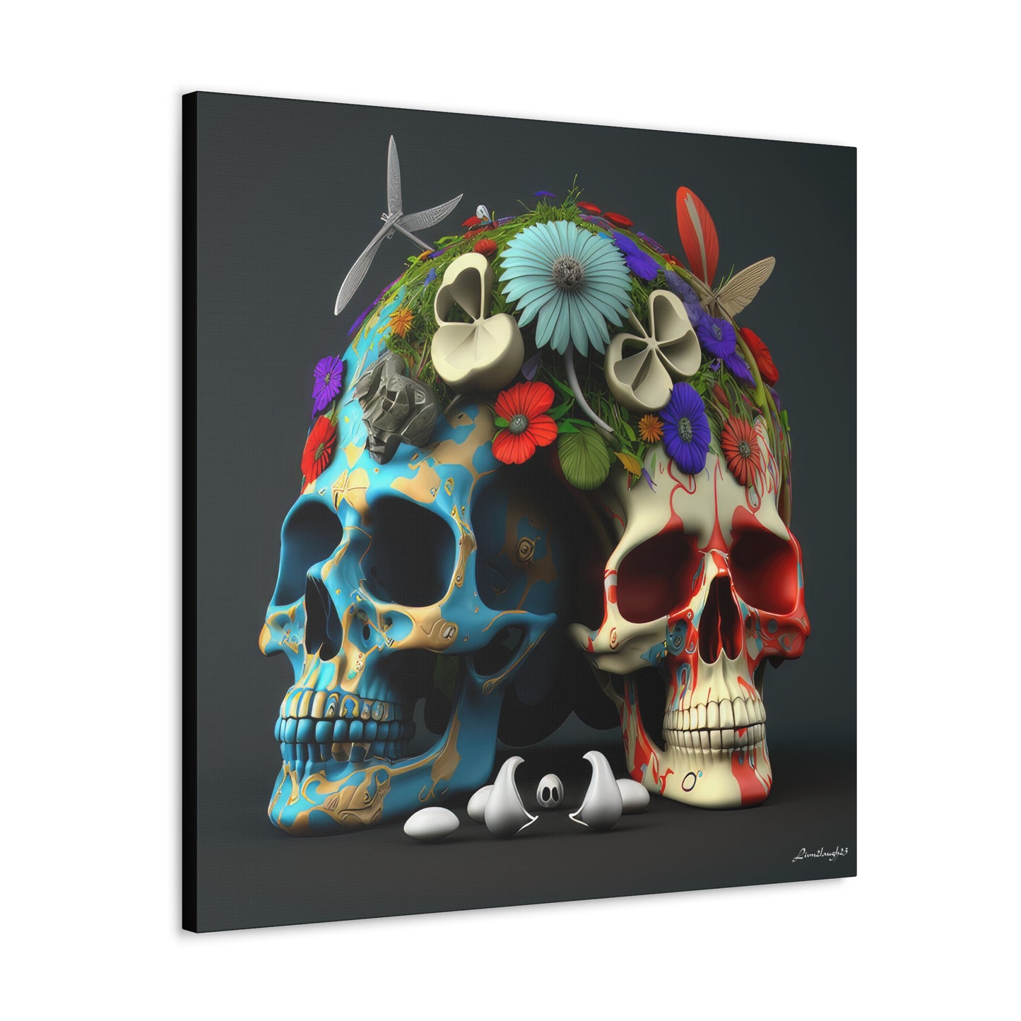 Double Skull With Blue Red  Flowers Canvas Gallery Wraps