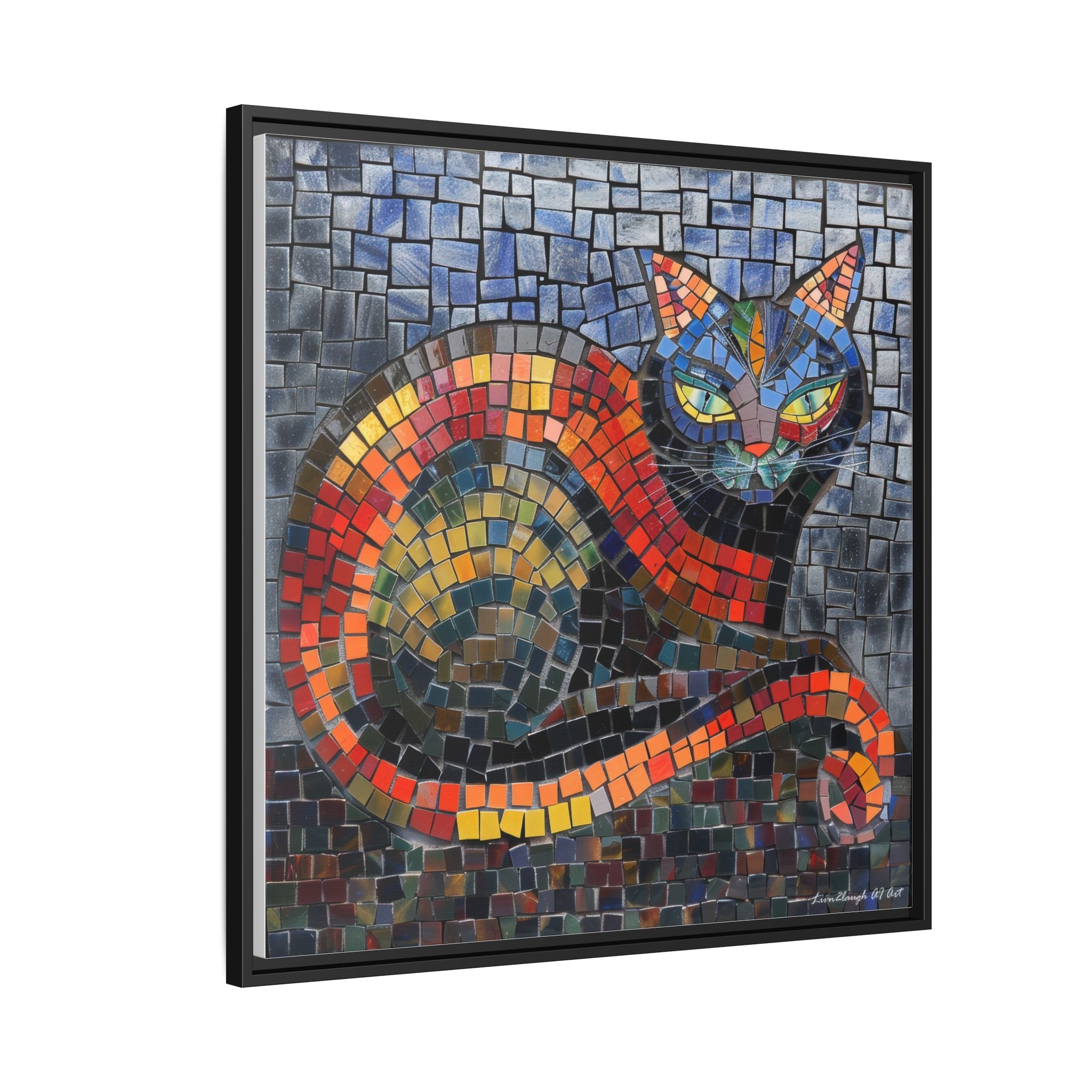 Mystic Shadows: The Enigmatic Cat, Framed Mosaic Cat Art Print — Colorful Modern Wall Canvas