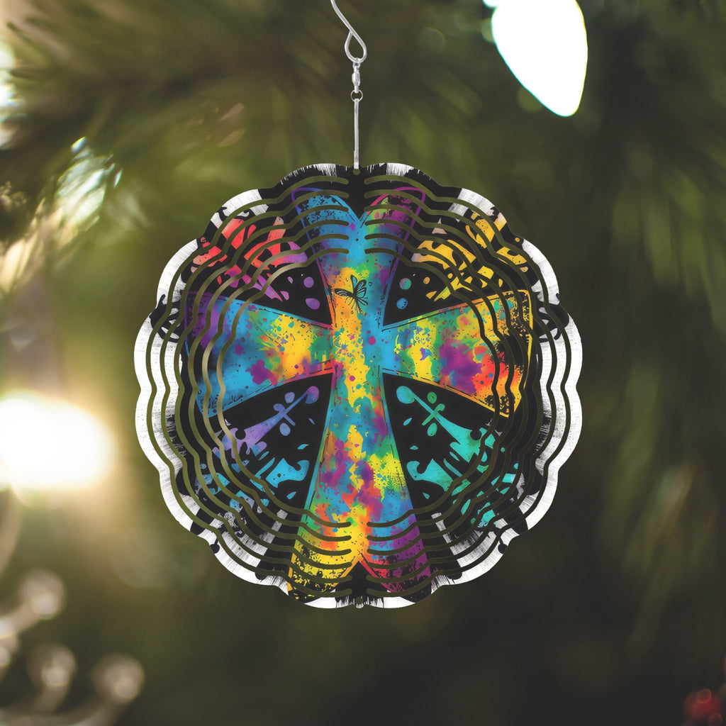 Cross Tie Dye Black Background Wind Spinner