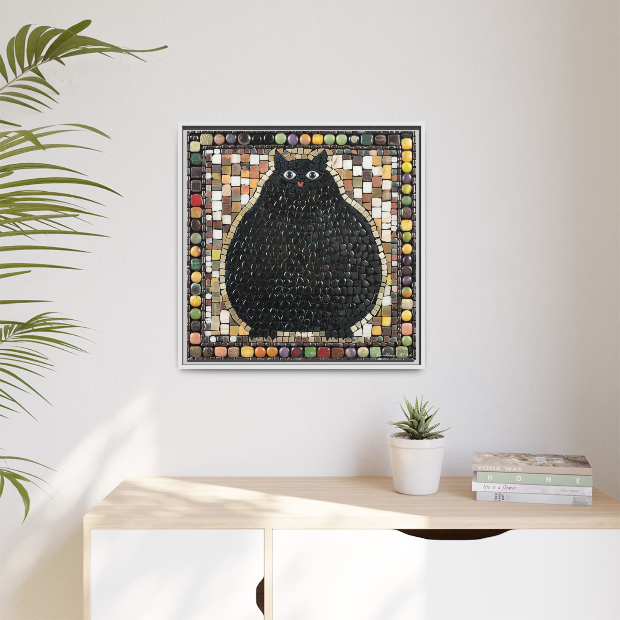 "Playful Black Cat Mosaic", Framed Mosaic Cat Art Print — Colorful Modern Wall Canvas