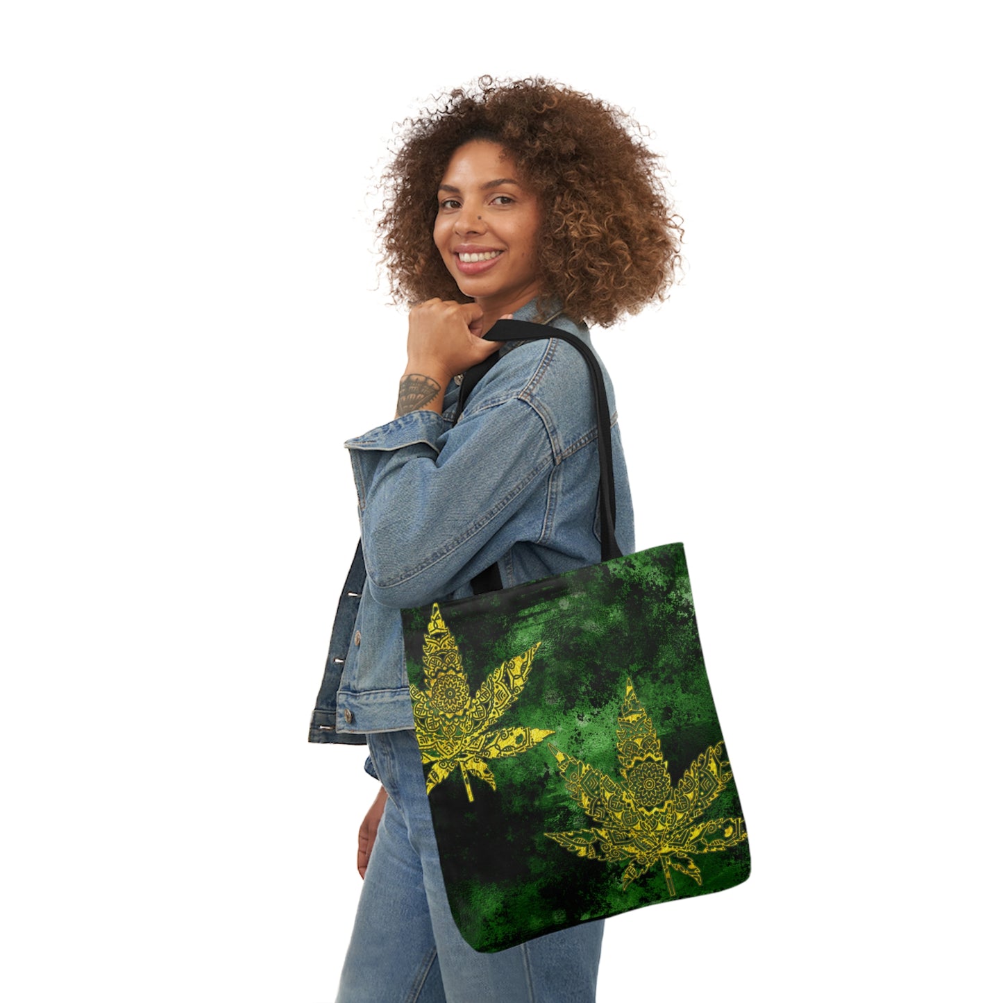 Gorgeous Designed Gold Leaf With multigreen Background Marijuana Pot Weed 420 Polyester Canvas Tote Bag (AOP)