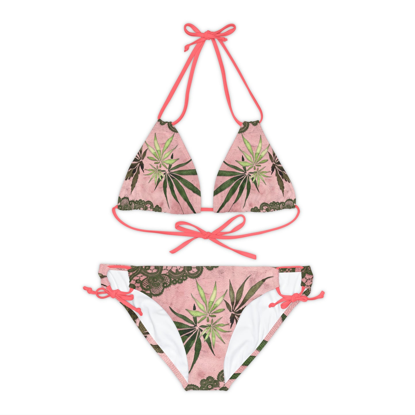 Grey Lace Gorgeous Pink Designed Marijuana 420 Weed Strappy Bikini Set (AOP)