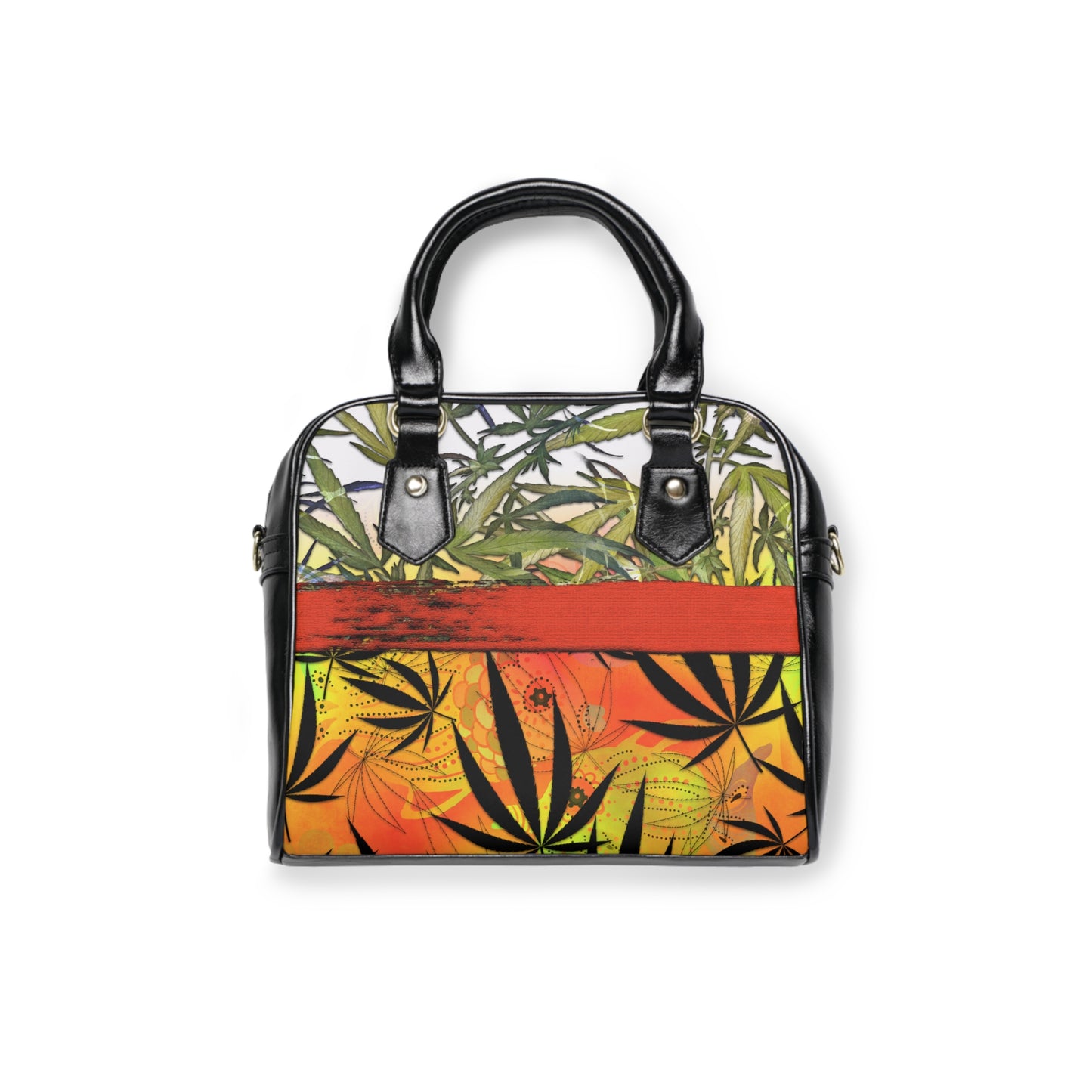 Beautiful Redish Orange Banded Marijuana 420 Pot Weed Leaf Shoulder Handbag