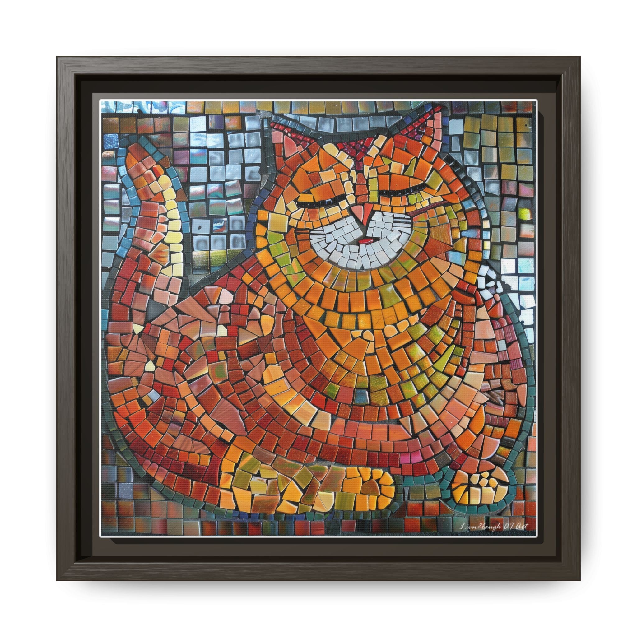 Radiant Whiskers: The Joyful Cat, Framed Mosaic Cat Art Print — Colorful Modern Wall Canvas