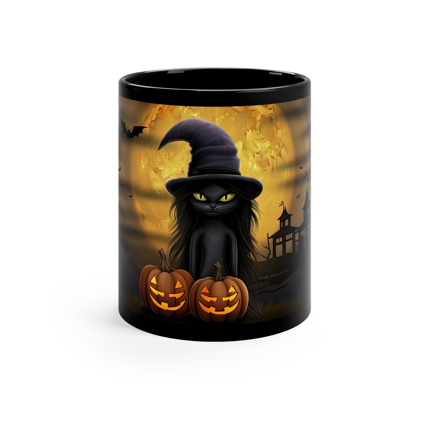 Gothic Witch Cat With Breathtaking Moon With Double Smile Carved Halloween Pumpkins 11oz Black Mug