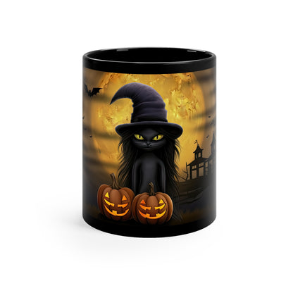 Gothic Witch Cat With Breathtaking Moon With Double Smile Carved Halloween Pumpkins 11oz Black Mug