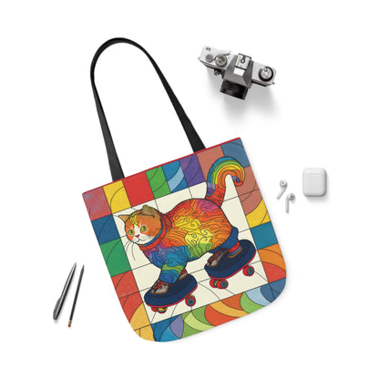 Gorgeous Rainbow Cat Riding A Skate/Skateboard With Rainbow Border Polyester Canvas Tote Bag (AOP)