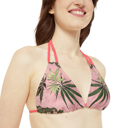 Grey Lace Gorgeous Pink Designed Marijuana 420 Weed Strappy Bikini Set (AOP)