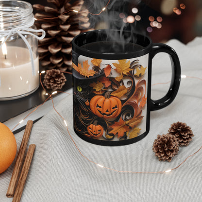 Fall Season Leads to Black Halloween Witch Hat Cat Amazing Background Fall Leaves And Pumpkins 11oz Black Mug