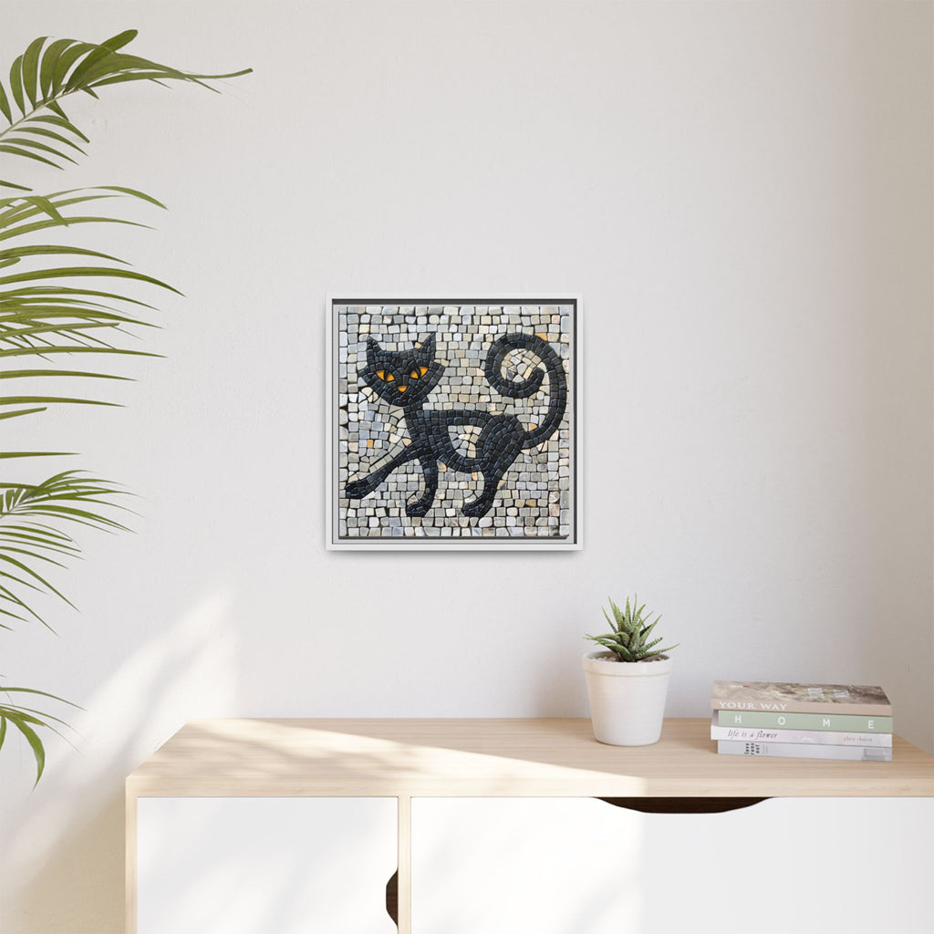 "Curious Black Cat Mosaic", Framed Mosaic Cat Art Print — Colorful Modern Wall Canvas