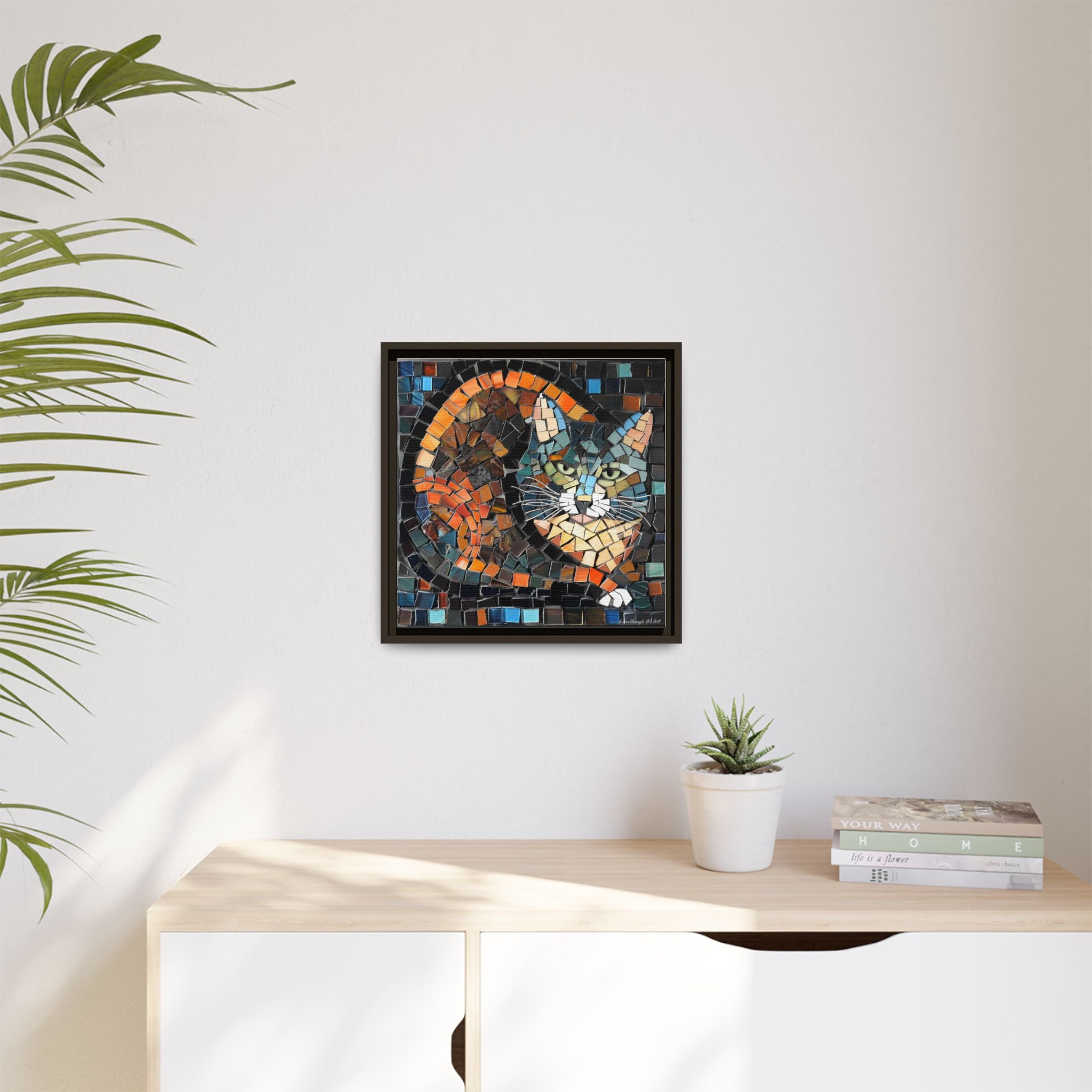"Bold Mosaic Cat", Framed Mosaic Cat Art Print — Colorful Modern Wall Canvas