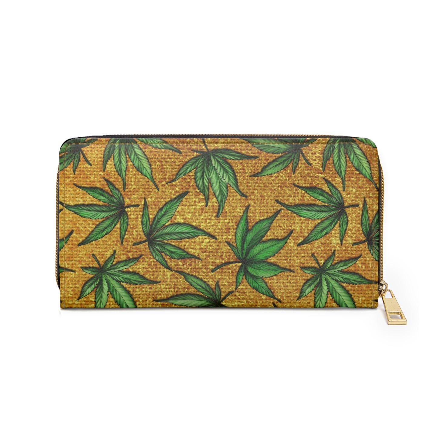 Gold And Green Marijuana Pot Weed Leaf With Gold Background 420 Zipper Wallet