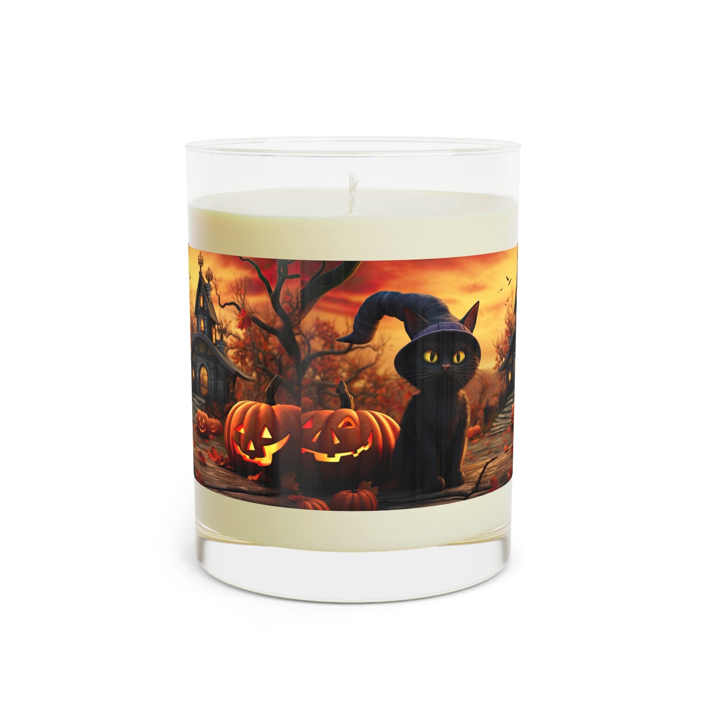 Witch Cat With Breathtaking Fall Time Schoolhouse/Church With Smile Carved Halloween Pumpkins , Scented Candle - Full Glass, 11oz