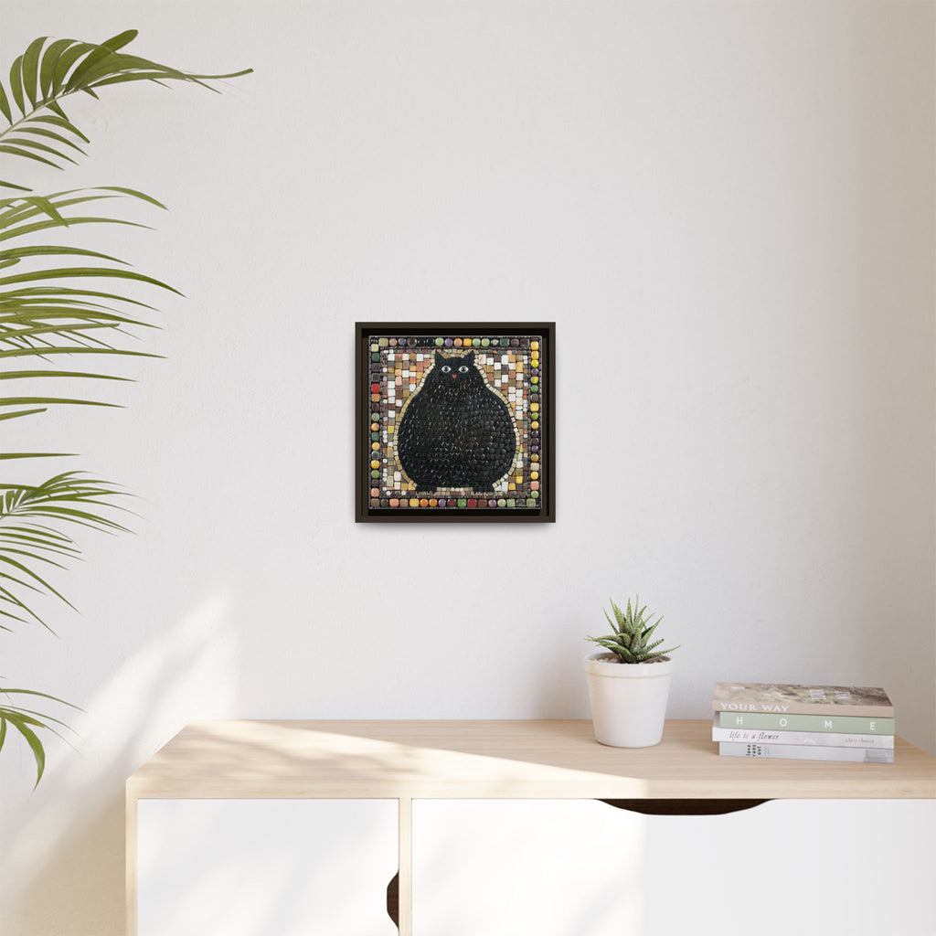 "Playful Black Cat Mosaic", Framed Mosaic Cat Art Print — Colorful Modern Wall Canvas