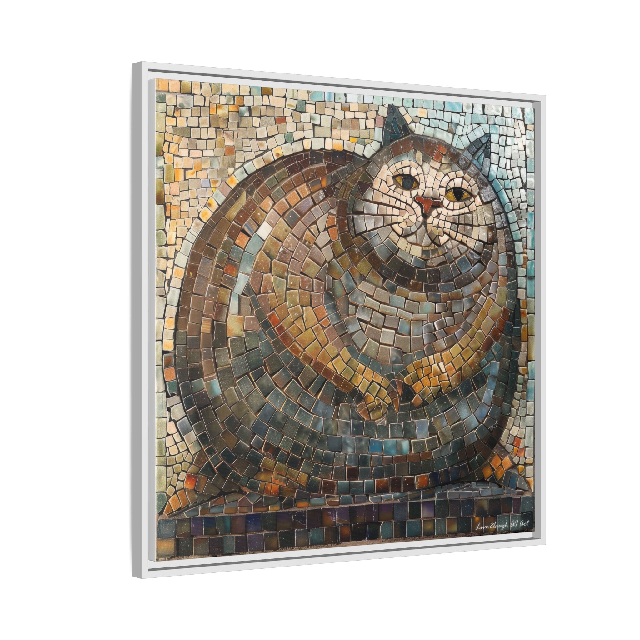 "Serene Mosaic Cat", Framed Mosaic Cat Art Print — Colorful Modern Wall Canvas