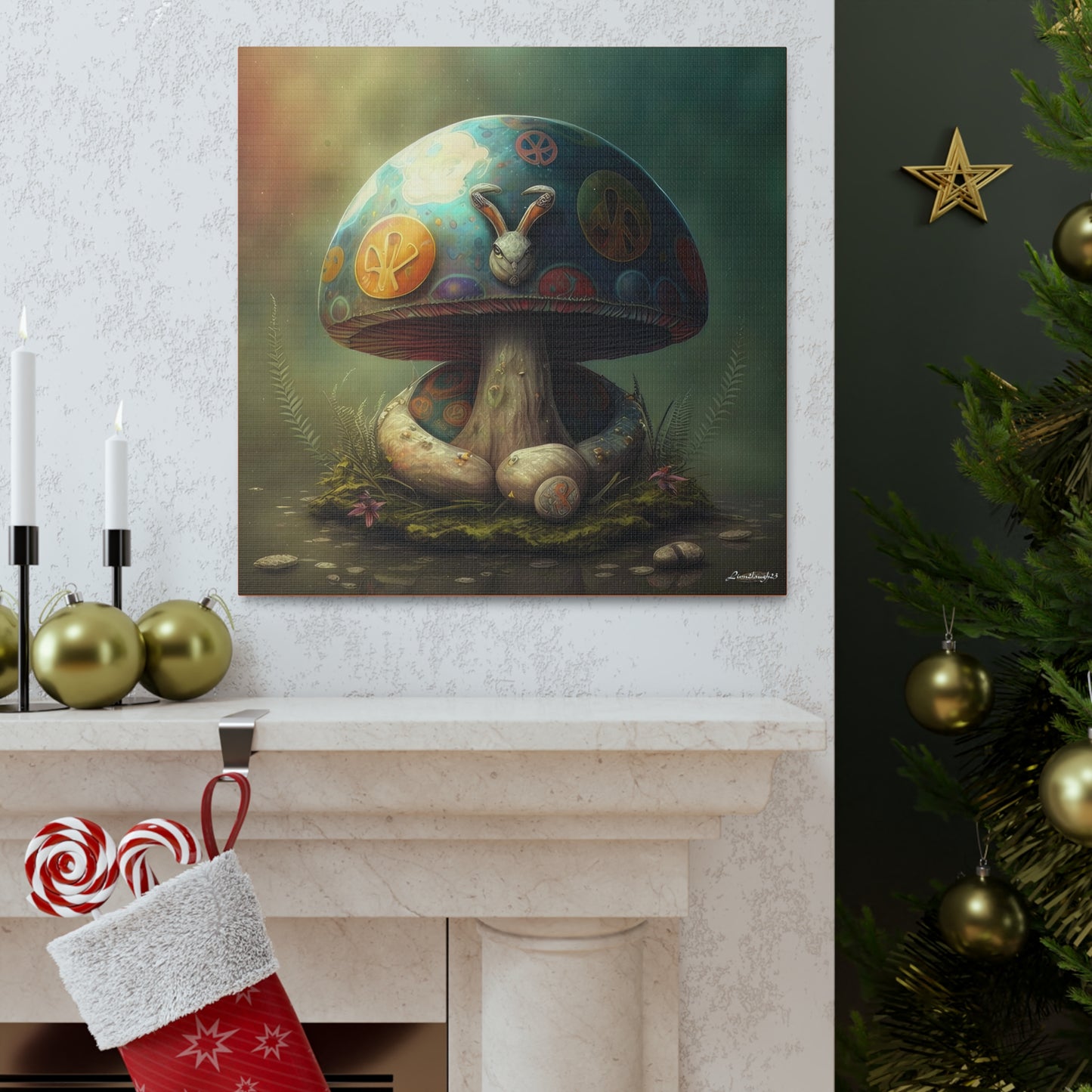 Gothic Style Blue Mushroom With Animal Style Canvas Gallery Wraps