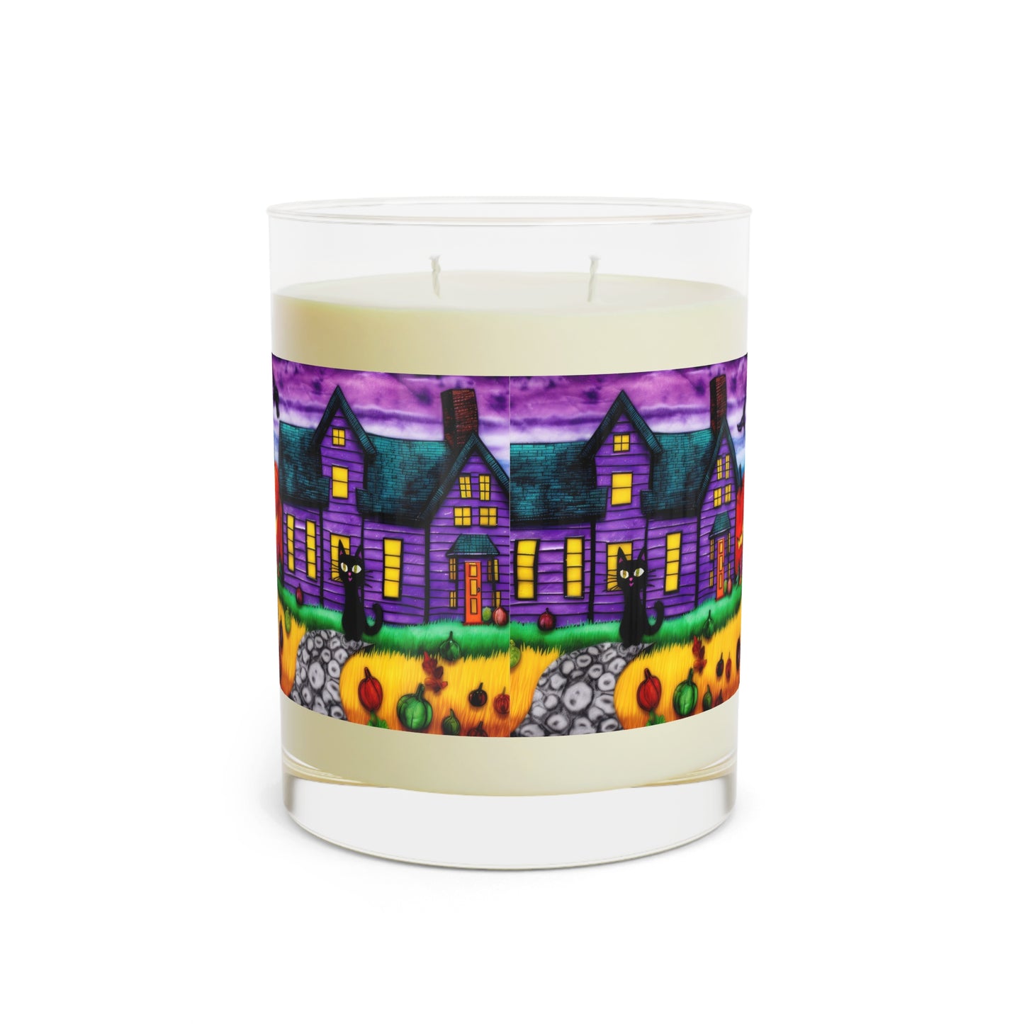 Purple- Orange Halloween, Fall Time Black Cat With Pumpkins And Purple House, Scented Candle - Full Glass, 11oz