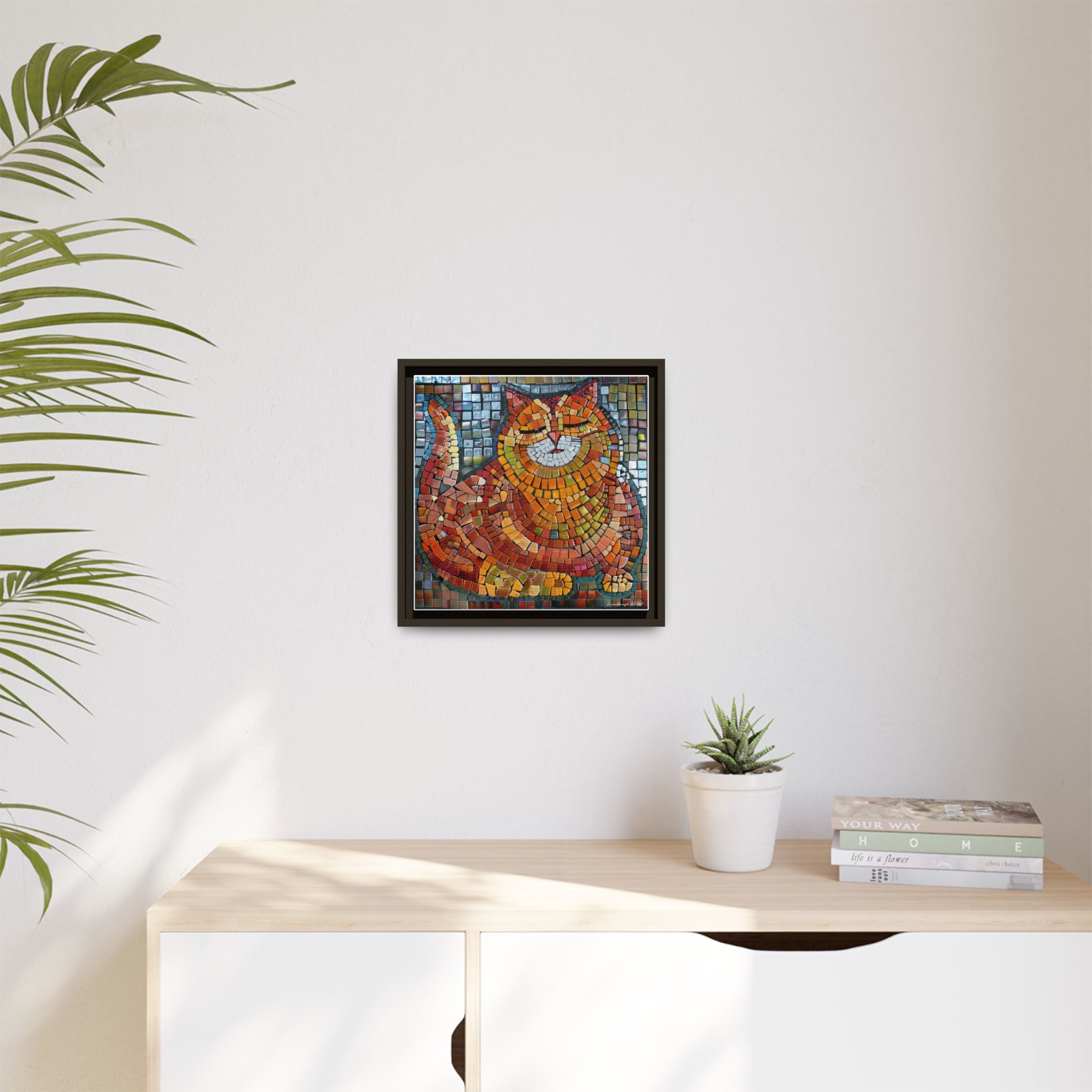 Radiant Whiskers: The Joyful Cat, Framed Mosaic Cat Art Print — Colorful Modern Wall Canvas