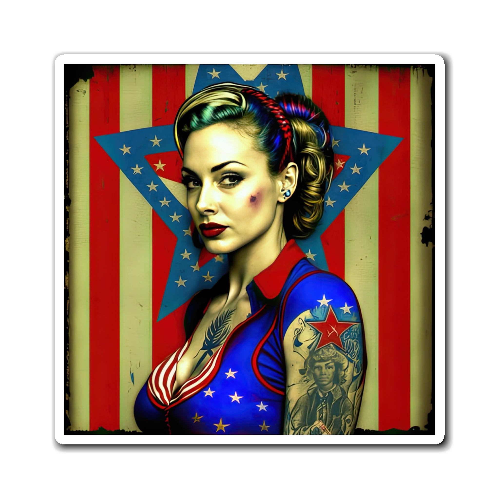 Retro Tattooed Pinup Blue, Red And White Star Magnet Style Four