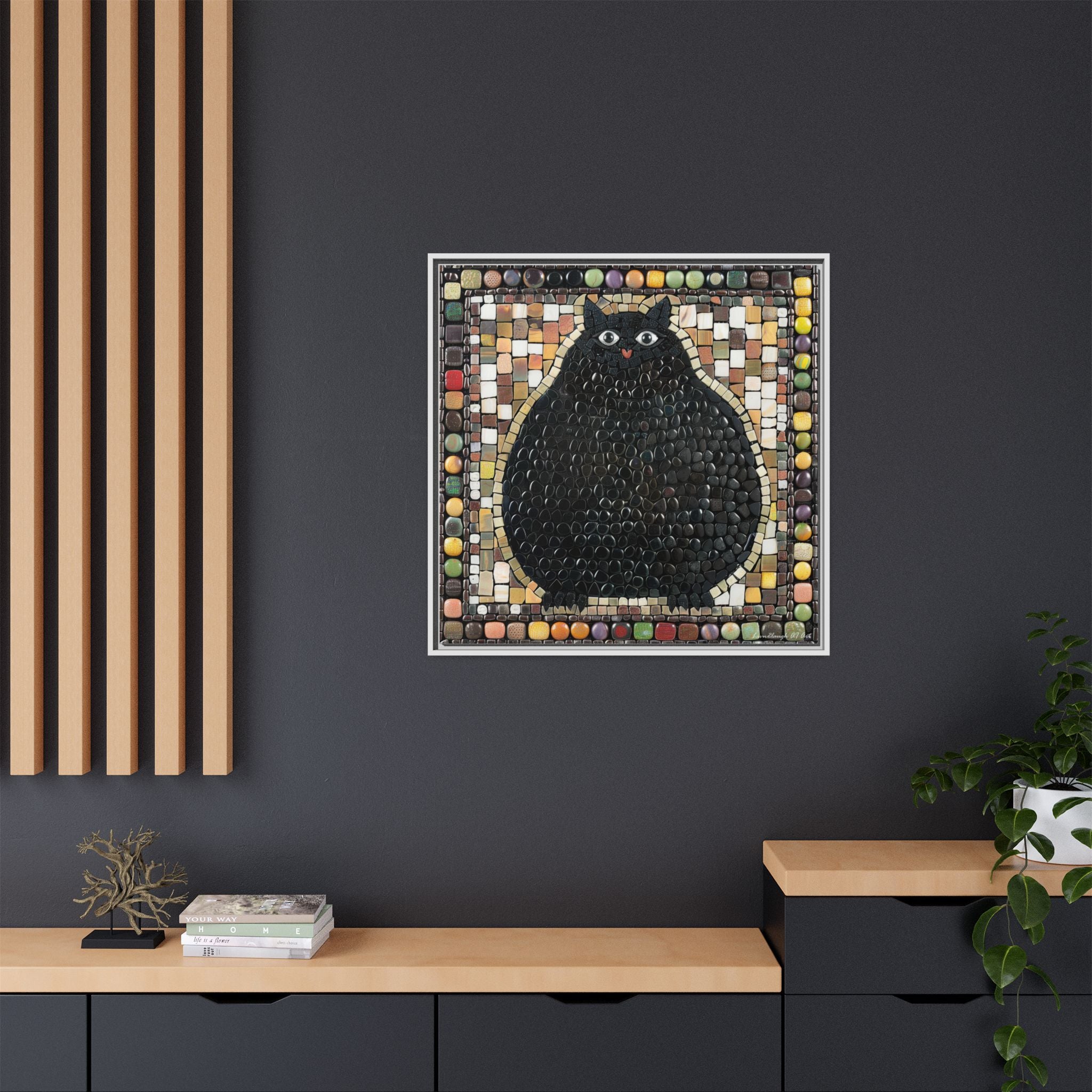 "Playful Black Cat Mosaic", Framed Mosaic Cat Art Print — Colorful Modern Wall Canvas