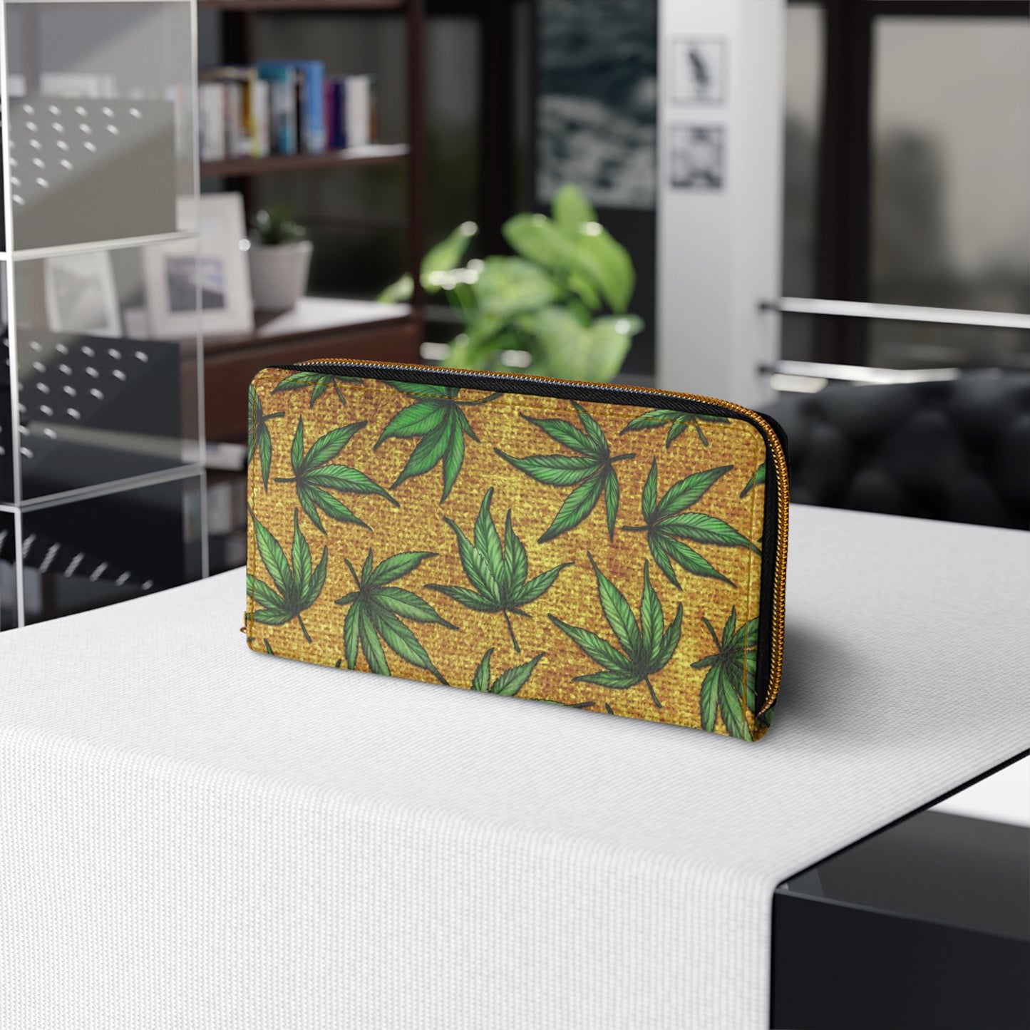 Gold And Green Marijuana Pot Weed Leaf With Gold Background 420 Zipper Wallet