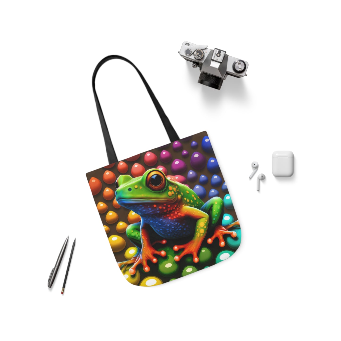 Sassy Rainbow Round Skittle Like Background With Beautiful Frog Polyester Canvas Tote Bag (AOP)